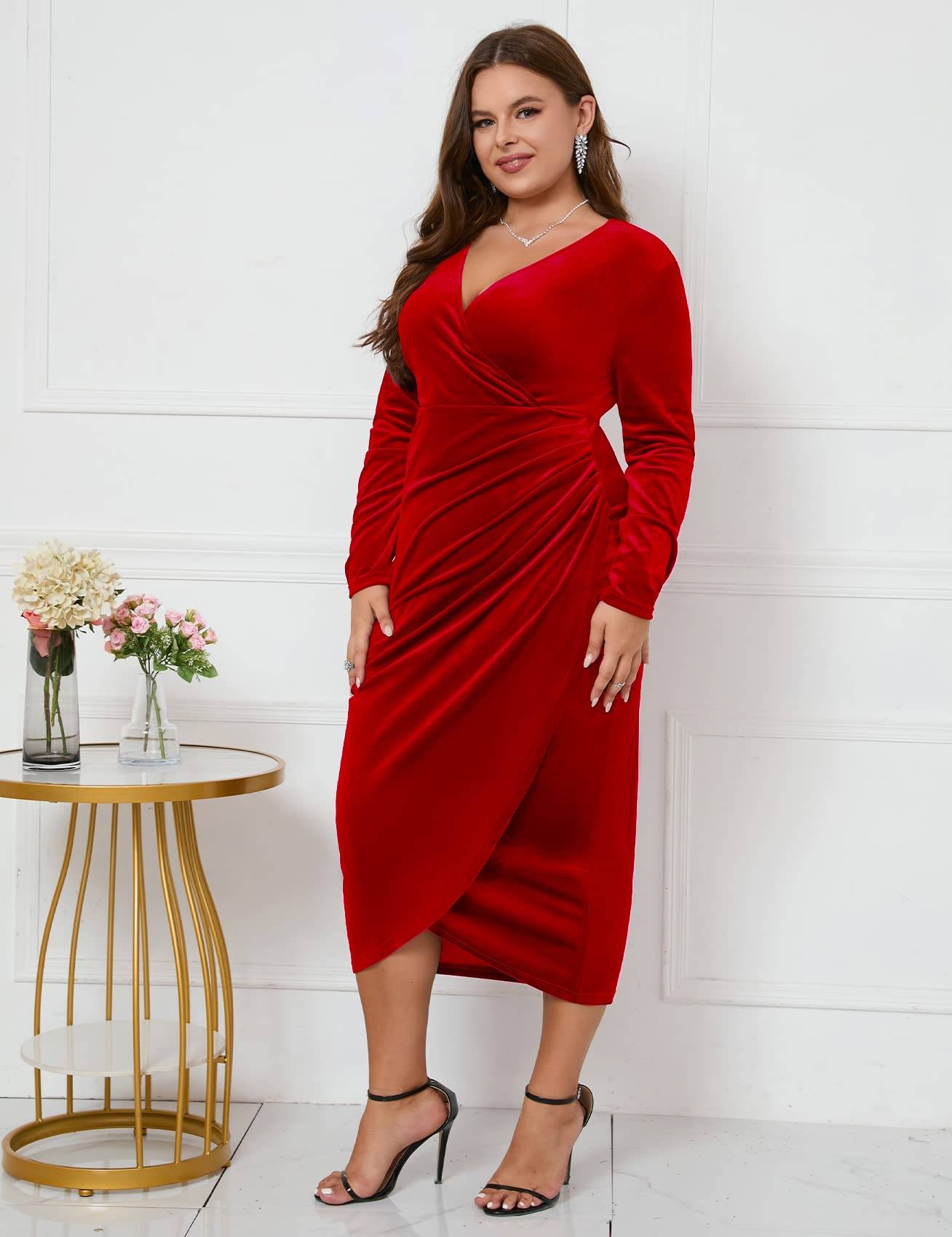 Plus Size Wrap Long Sleeves Ruffle Party Dress