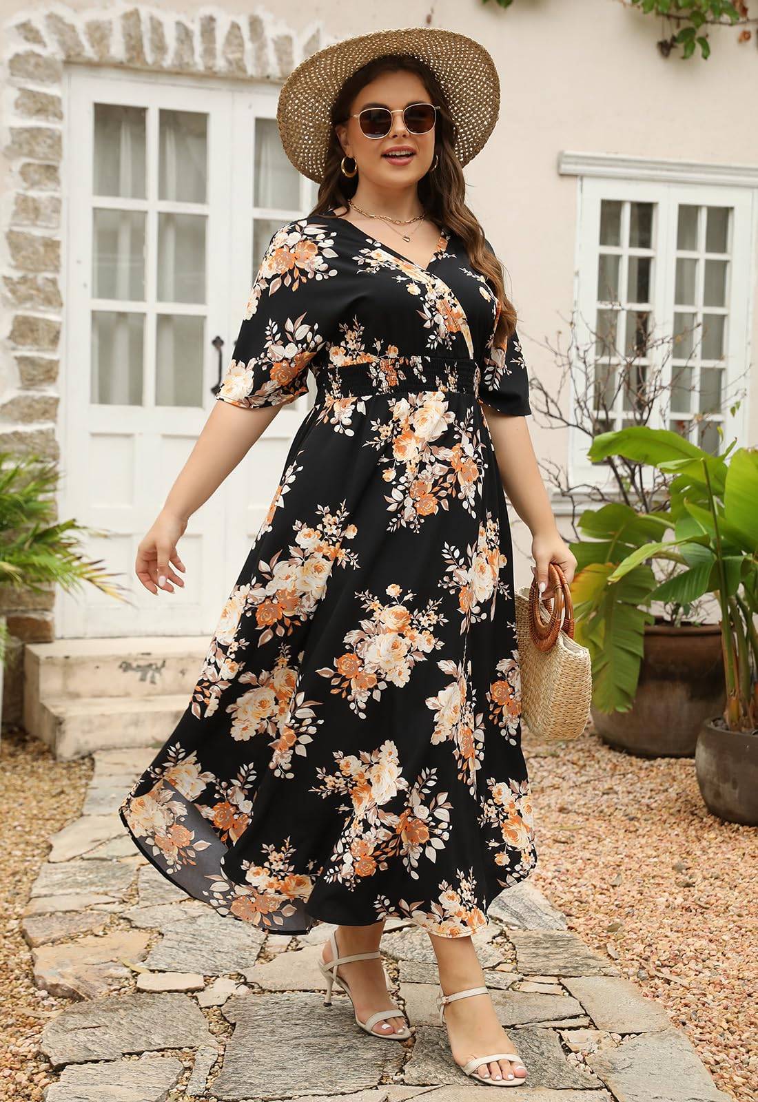 Womens Plus Size Boho Print Maxi Dress with Pocket