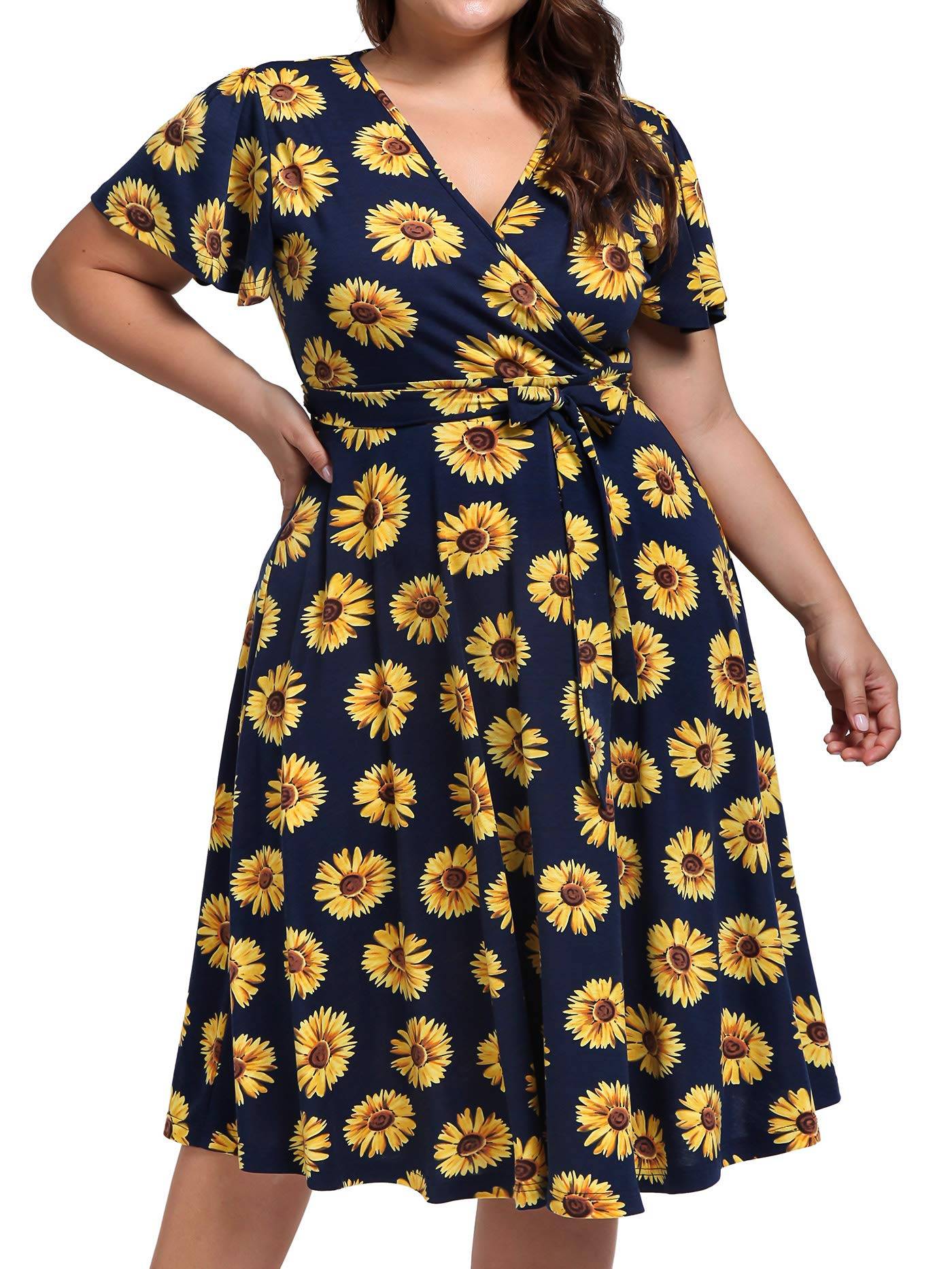 Plus Size Womens V Neck Floral Party Midi Dresses