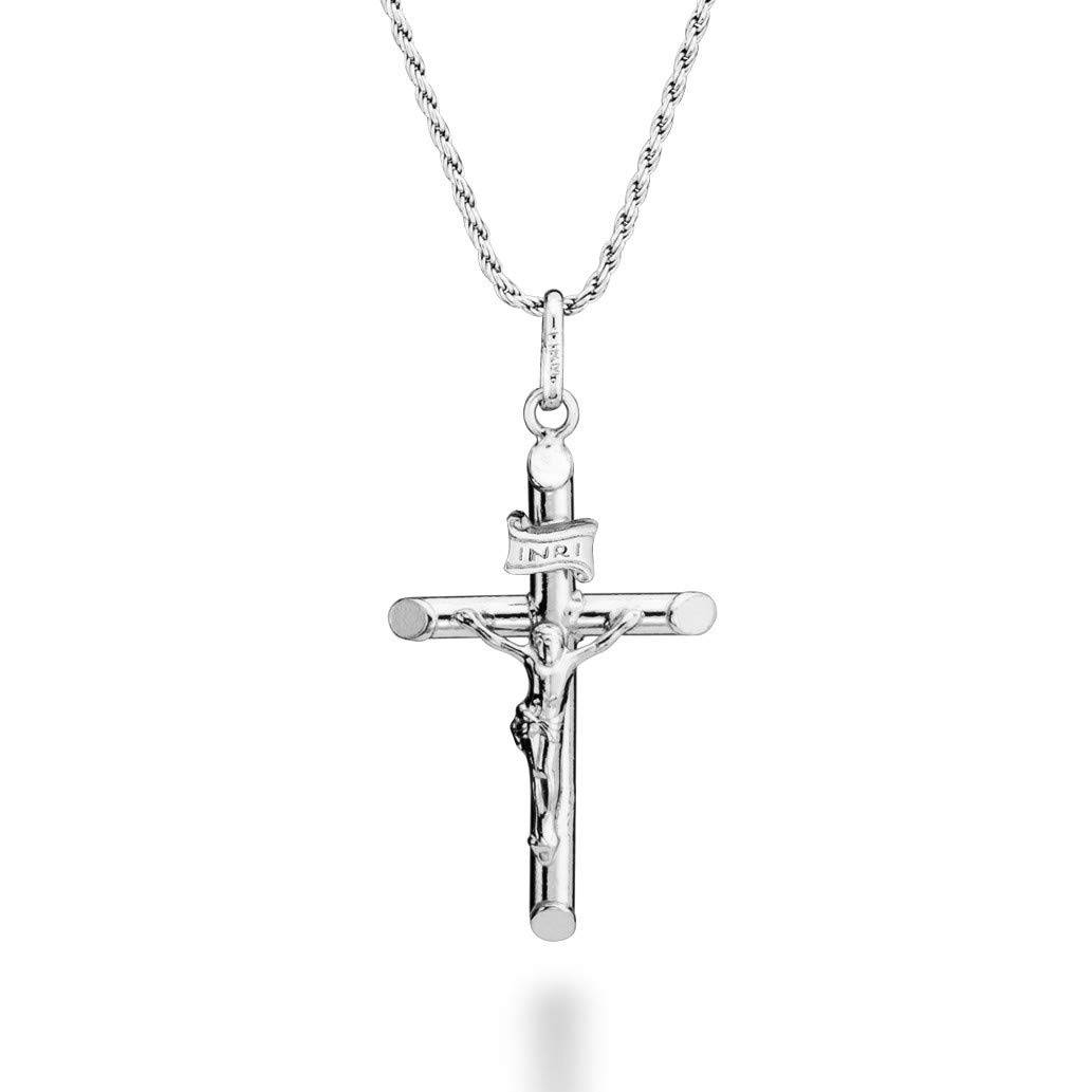 Plated 925 Sterling Silver Small or Large Crucifix Necklace for Men Women, Cross Pendant with Rope Chain