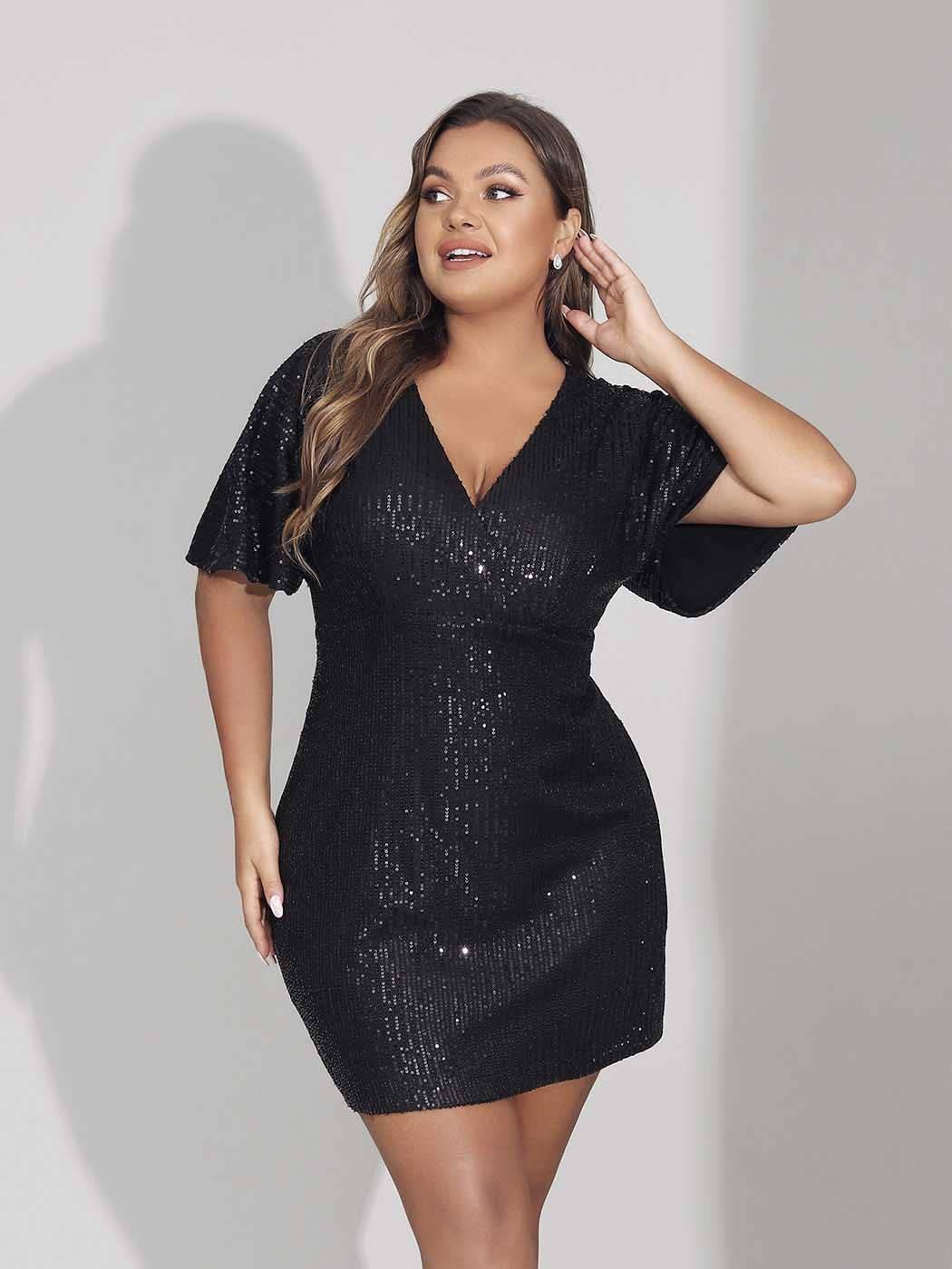 Women Plus Size V Neck Glitter Sexy Dress