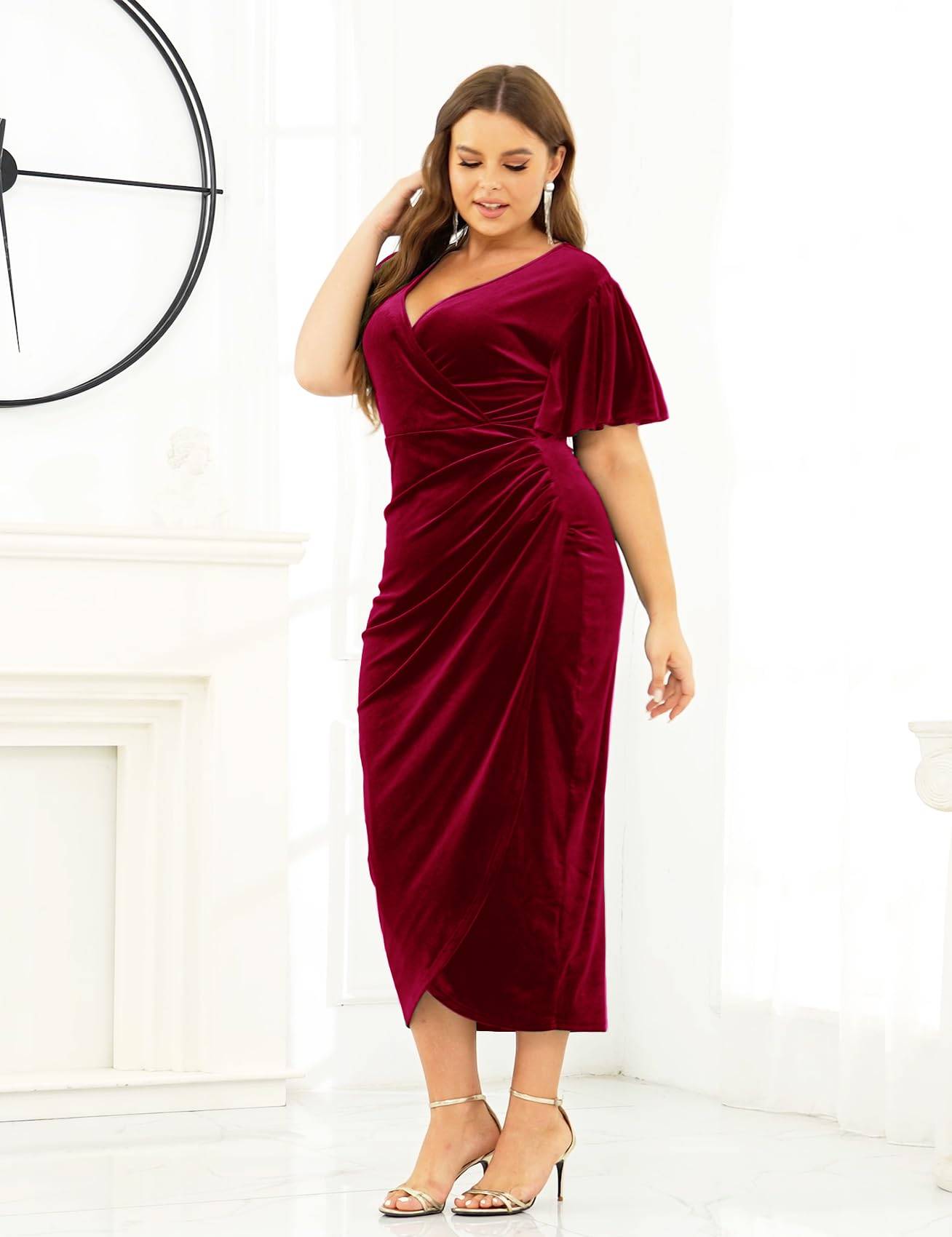 Plus Size Wrap Long Sleeves Ruffle Party Dress