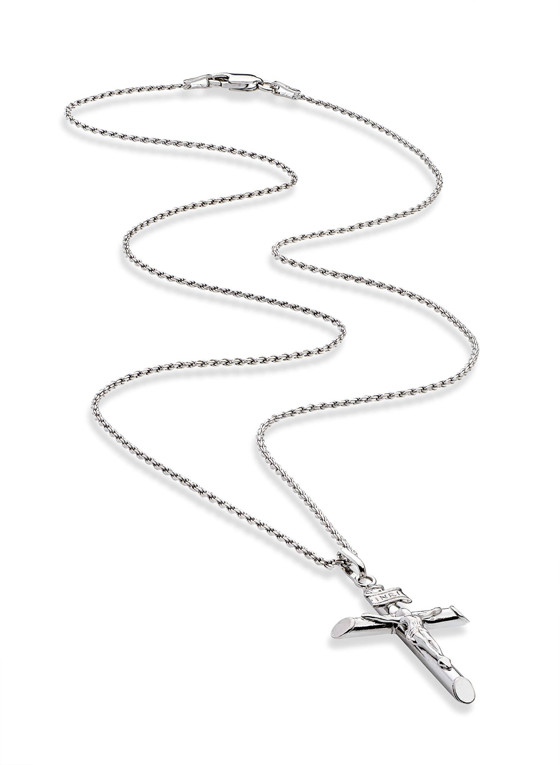 Plated 925 Sterling Silver Small or Large Crucifix Necklace for Men Women, Cross Pendant with Rope Chain