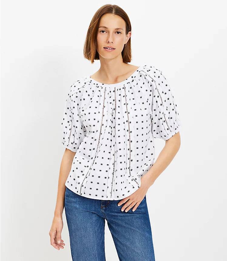 Plaid Cutout Raglan Sleeve Dotted Blouse