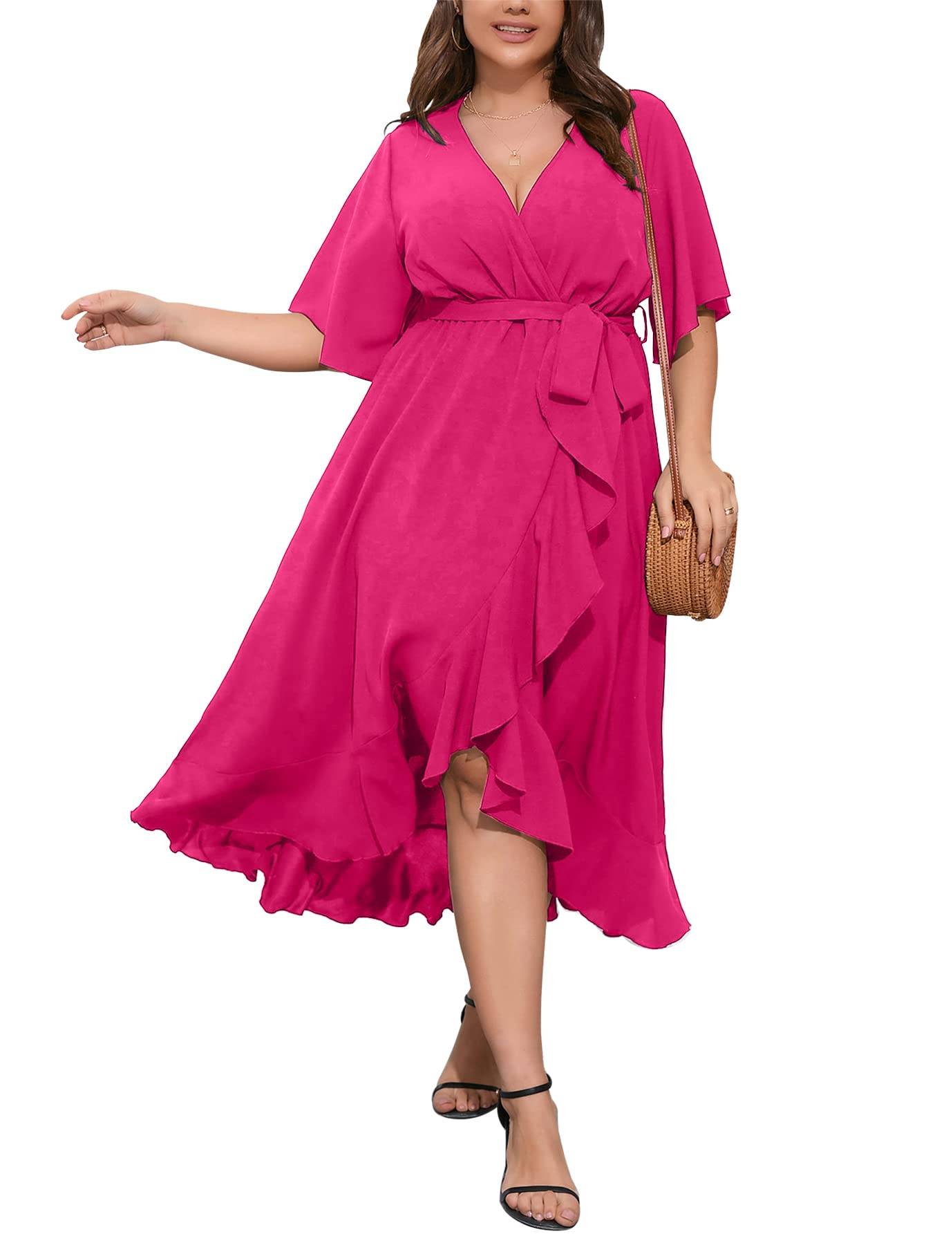 Women Plus Size Short Sleeve Wrap V Neck Dress