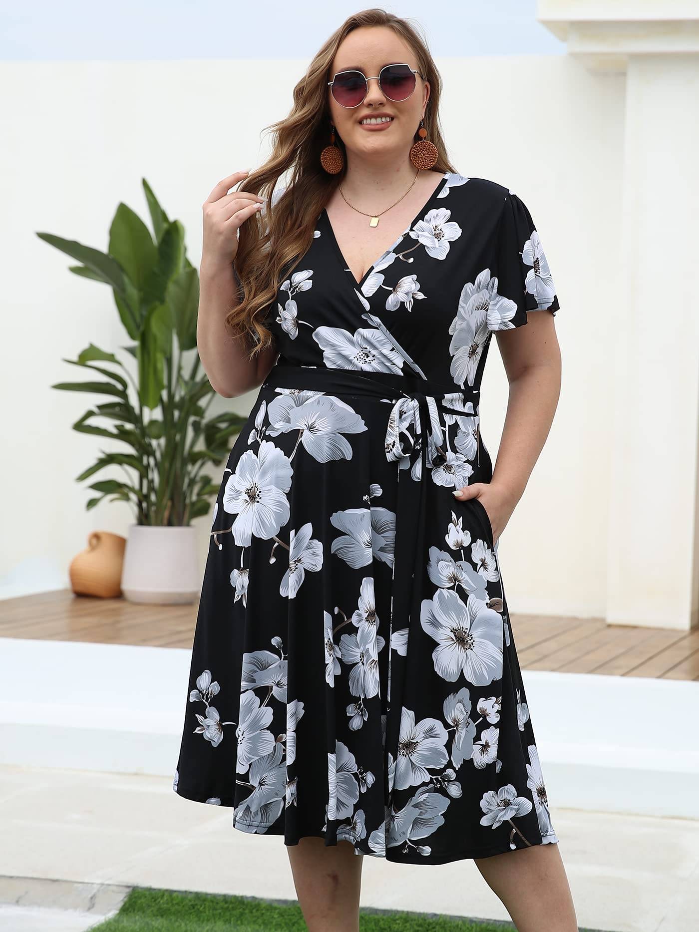 Plus Size Womens V Neck Floral Party Midi Dresses