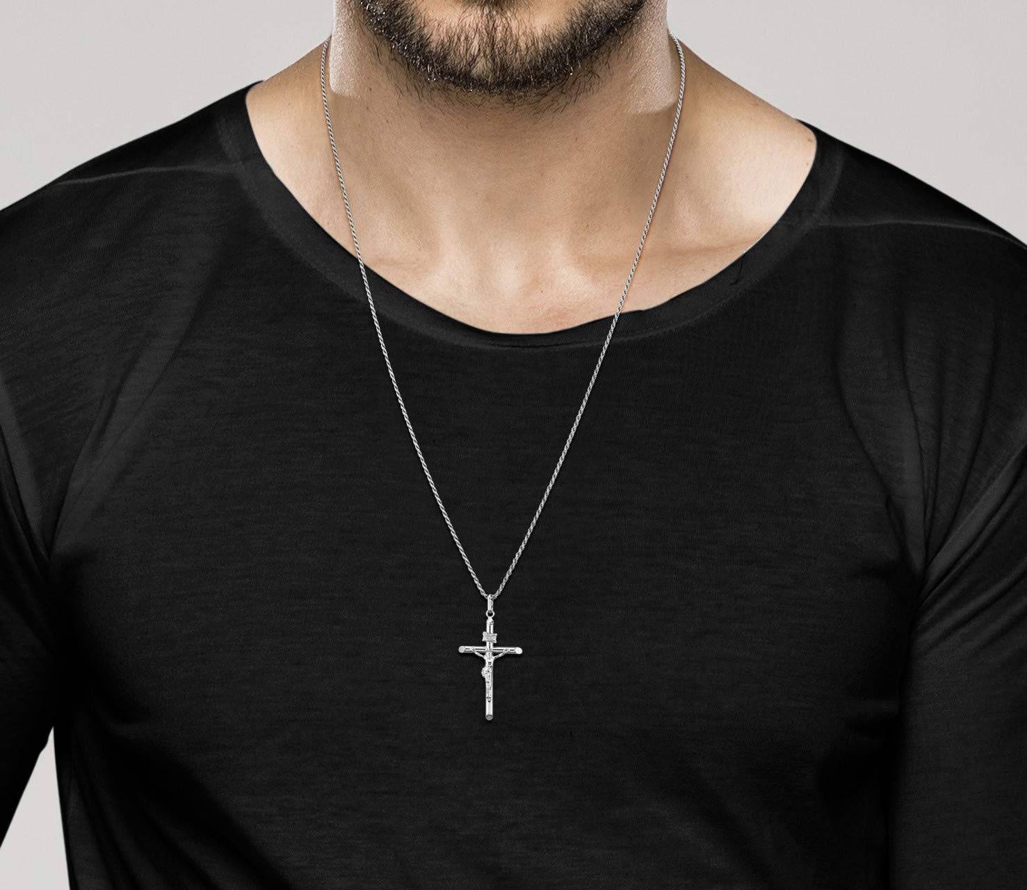 Plated 925 Sterling Silver Small or Large Crucifix Necklace for Men Women, Cross Pendant with Rope Chain