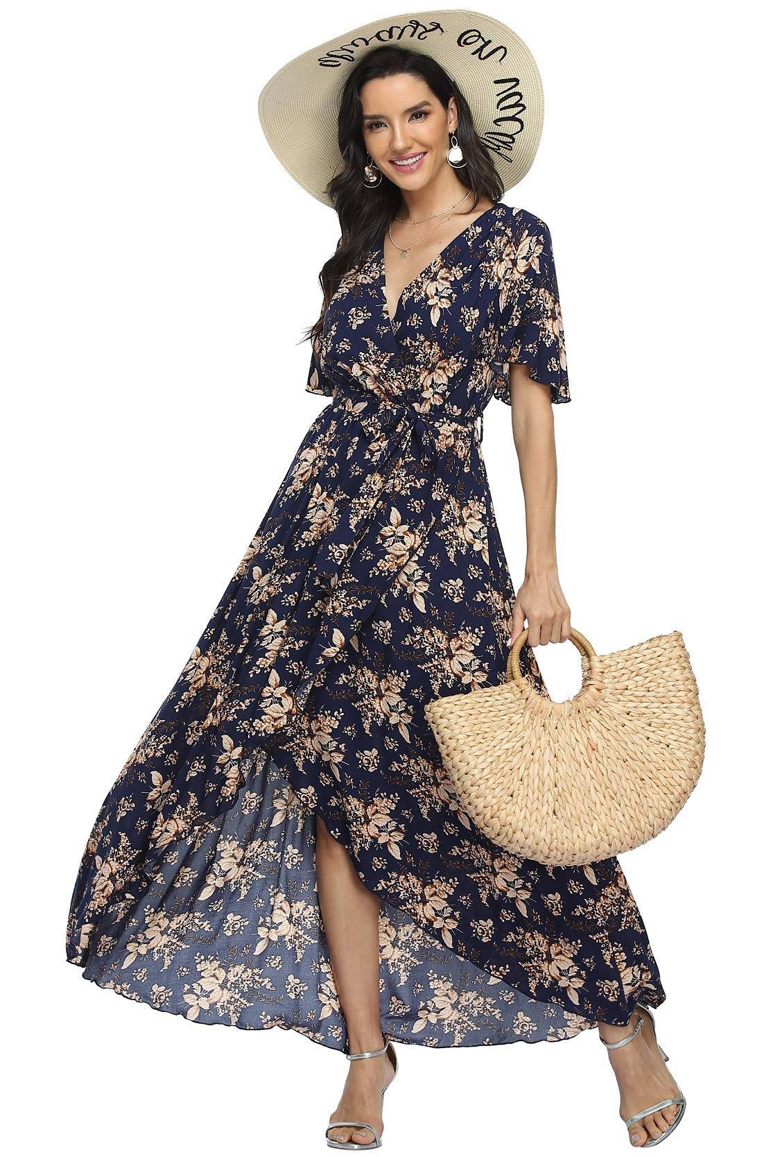 Women's Wrap V Neck Floral Summer Dresses Maxi