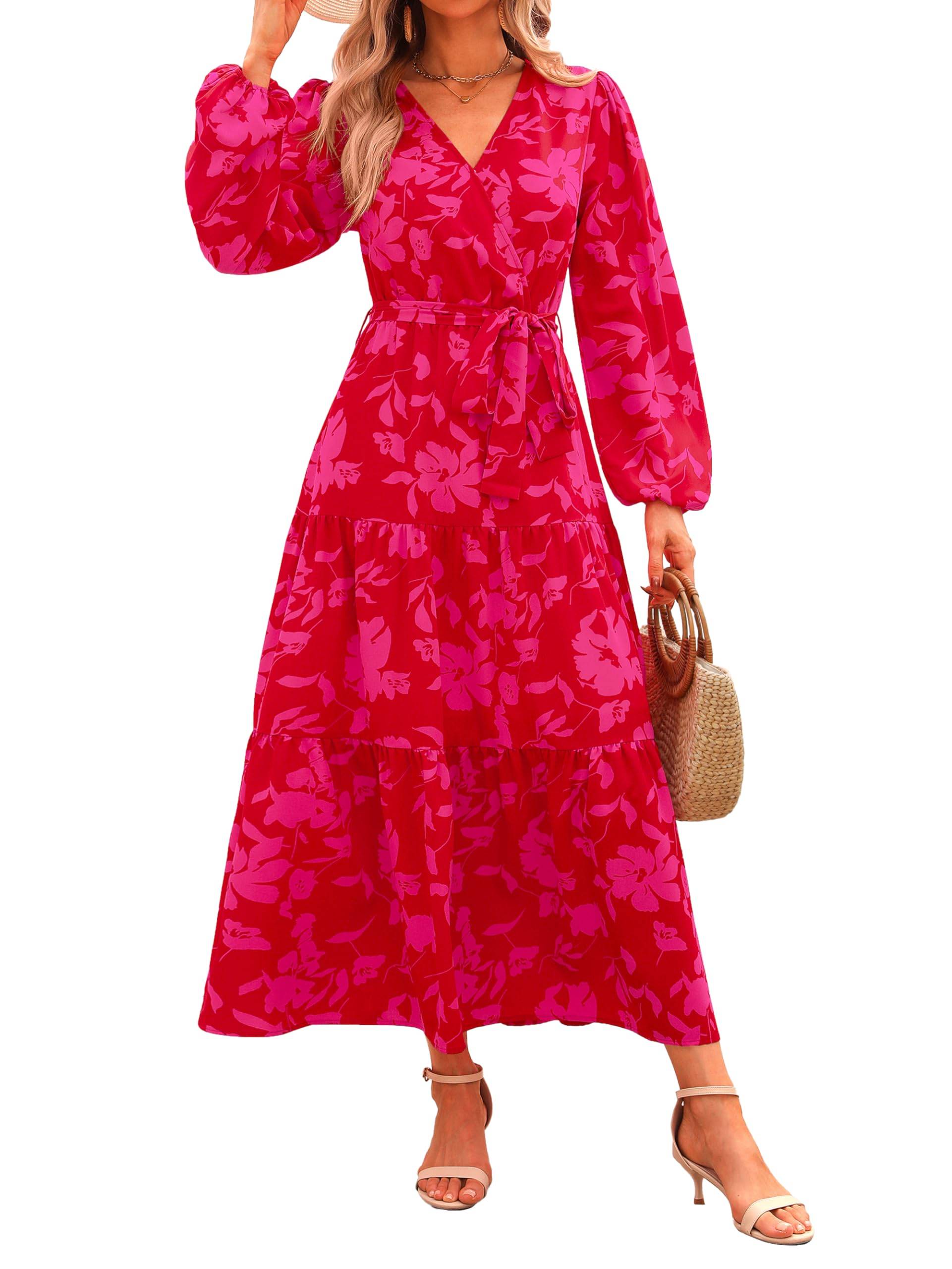 Womens Long Sleeve V Neck Floral Maxi Dress Boho