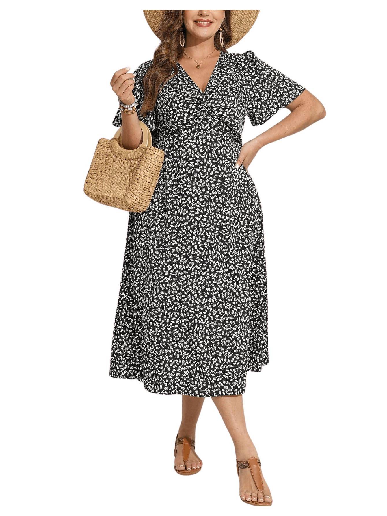 Women's Plus Size Boho Floral V Neck A Line Dress