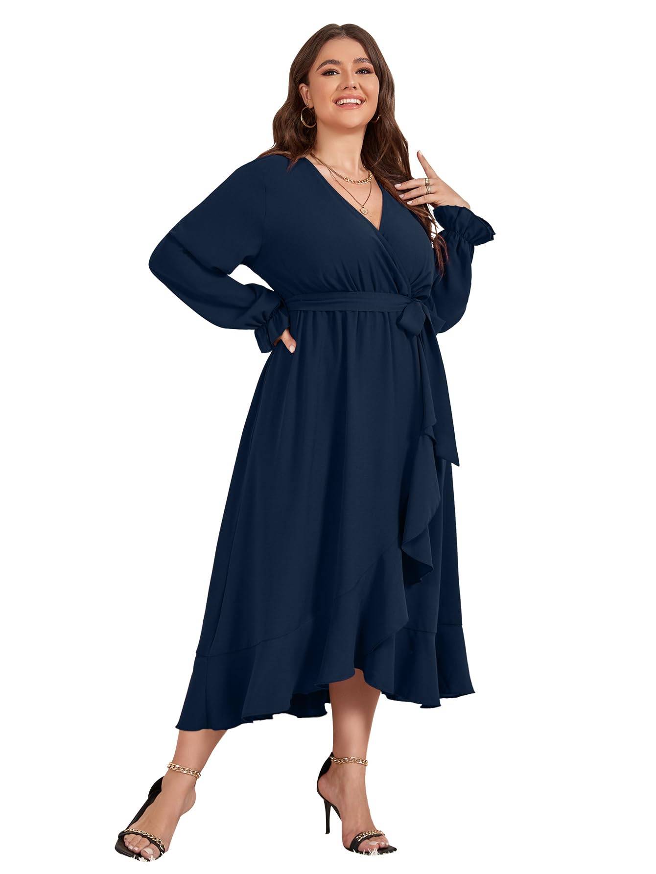 Women Plus Size Maxi Dress Wrap V Neck Dress