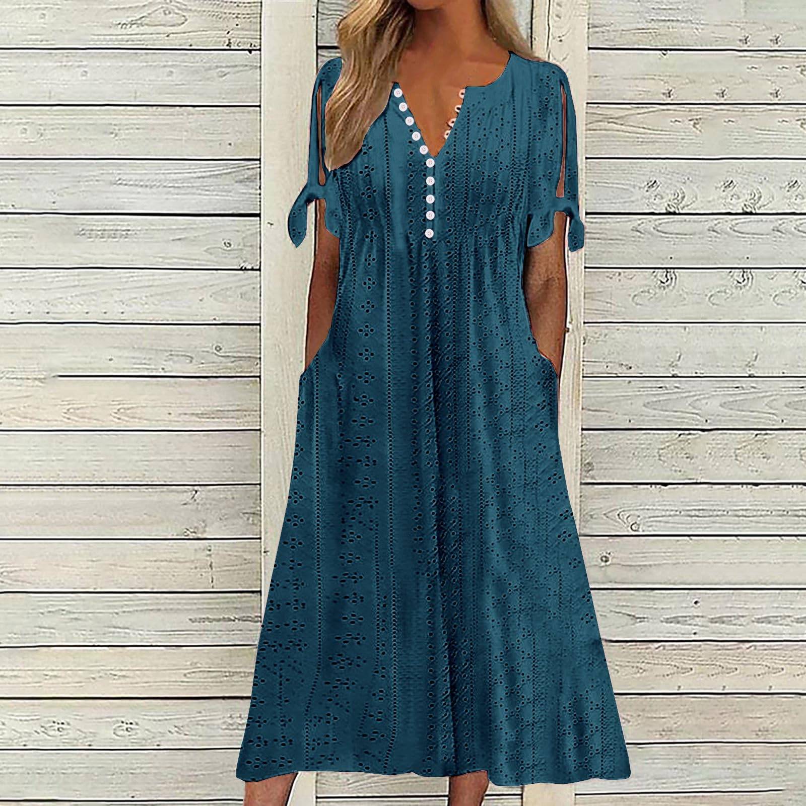 Womens Maxi Long Dress Boho V Neck Pockets Dresses