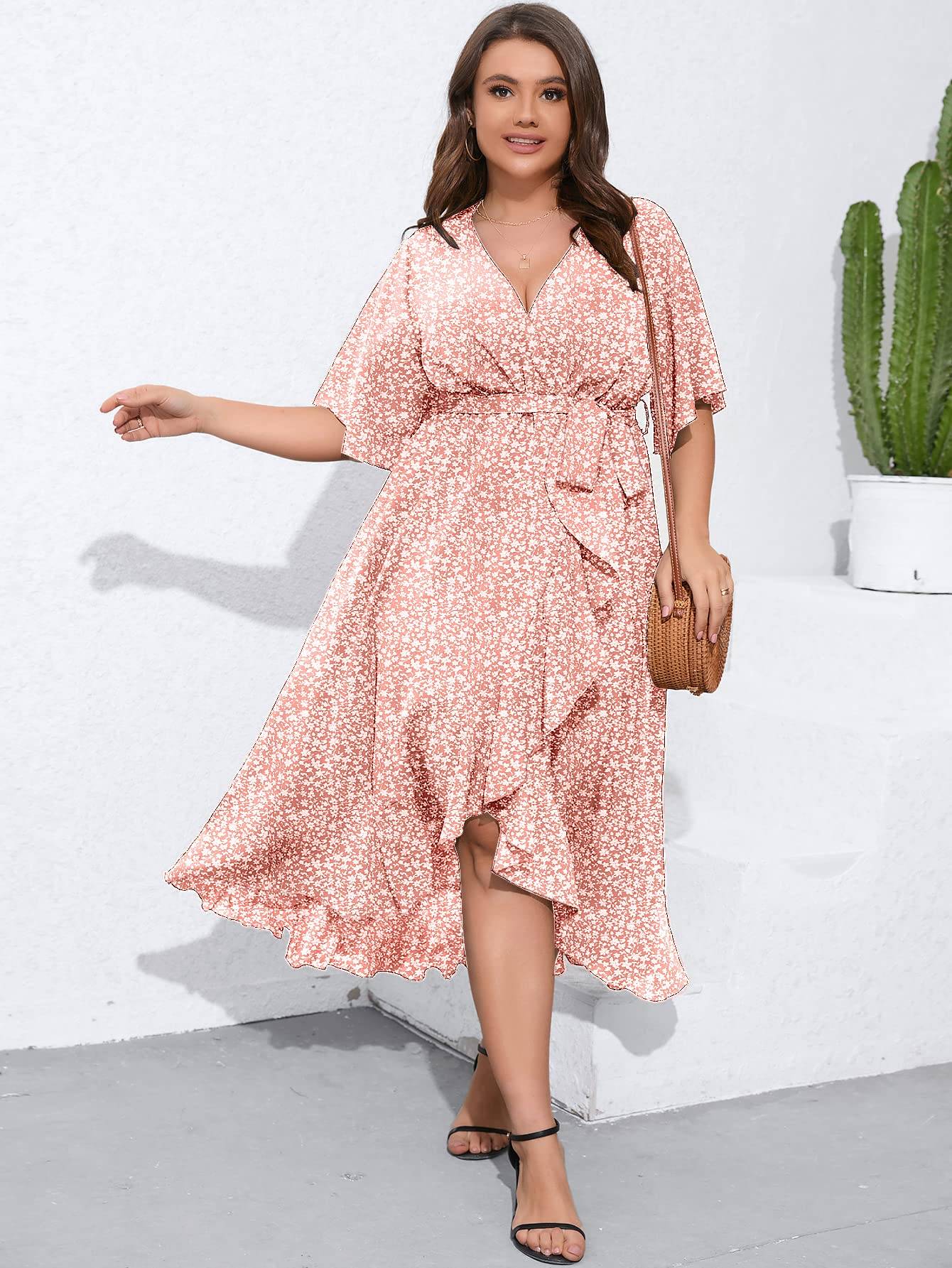 Women Plus Size Short Sleeve Wrap V Neck Dress