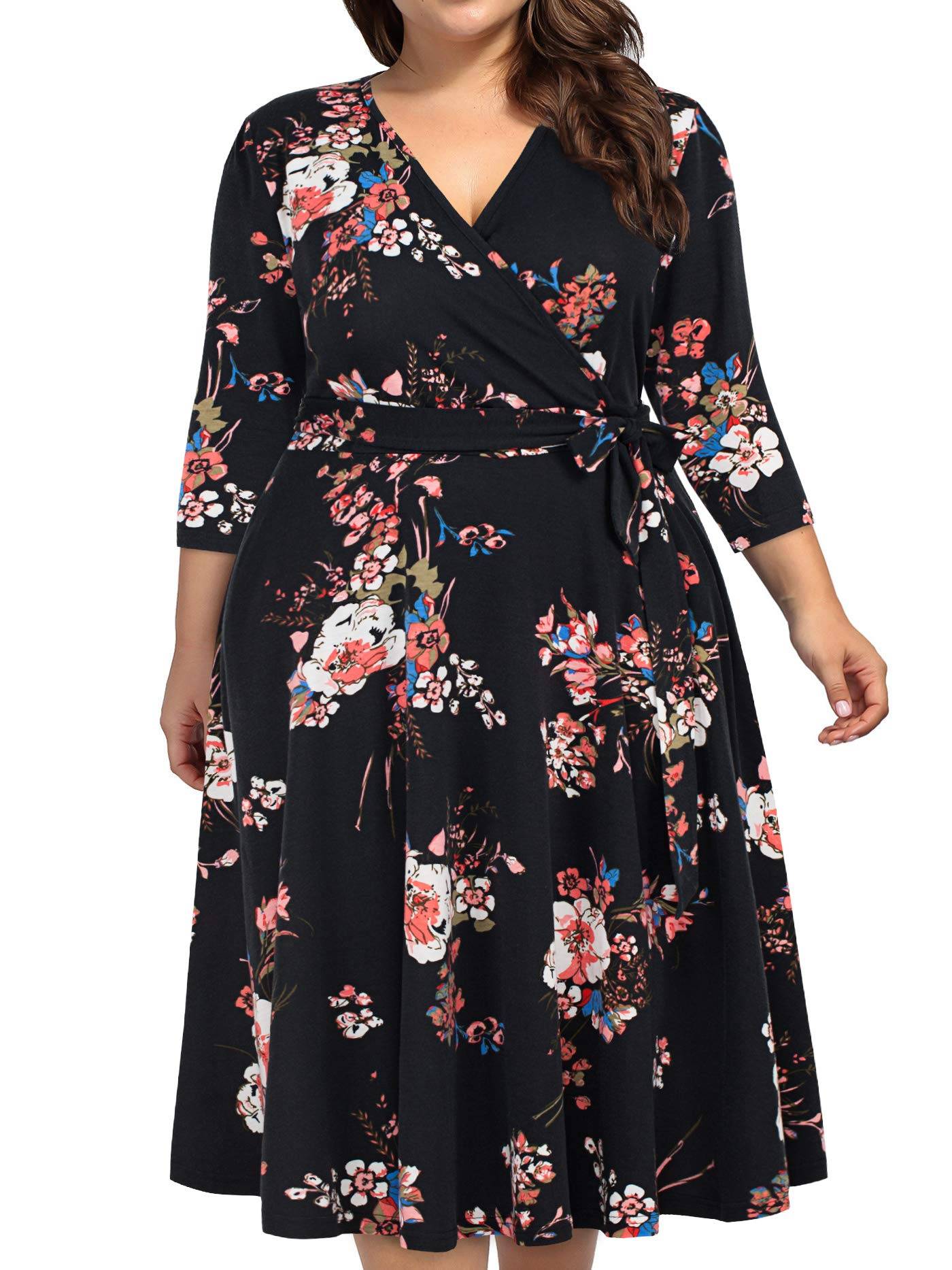 Plus Size Womens V Neck Floral Party Midi Dresses