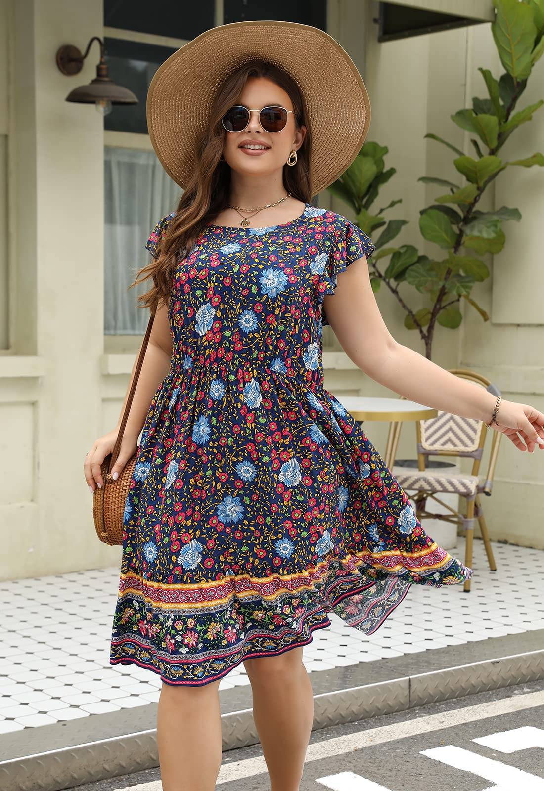 Plus Size Dresses Women Boho Floral Midi Dress