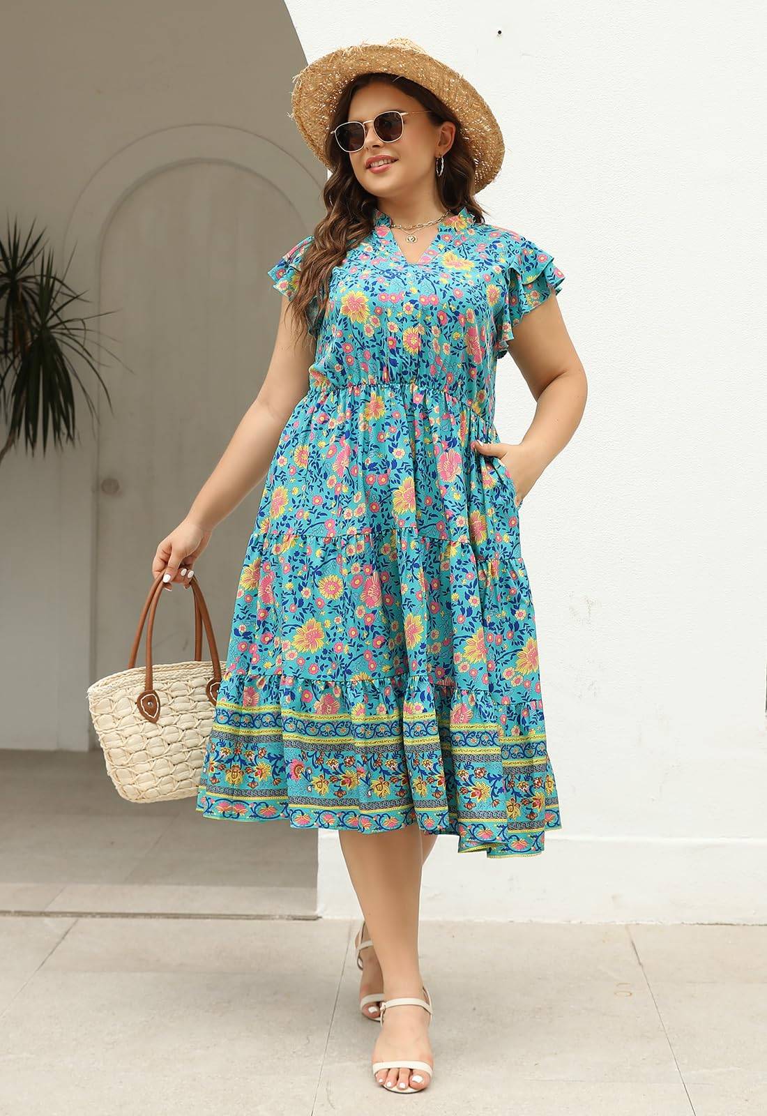 Plus Size Midi DressesWomen Boho Floral Dress