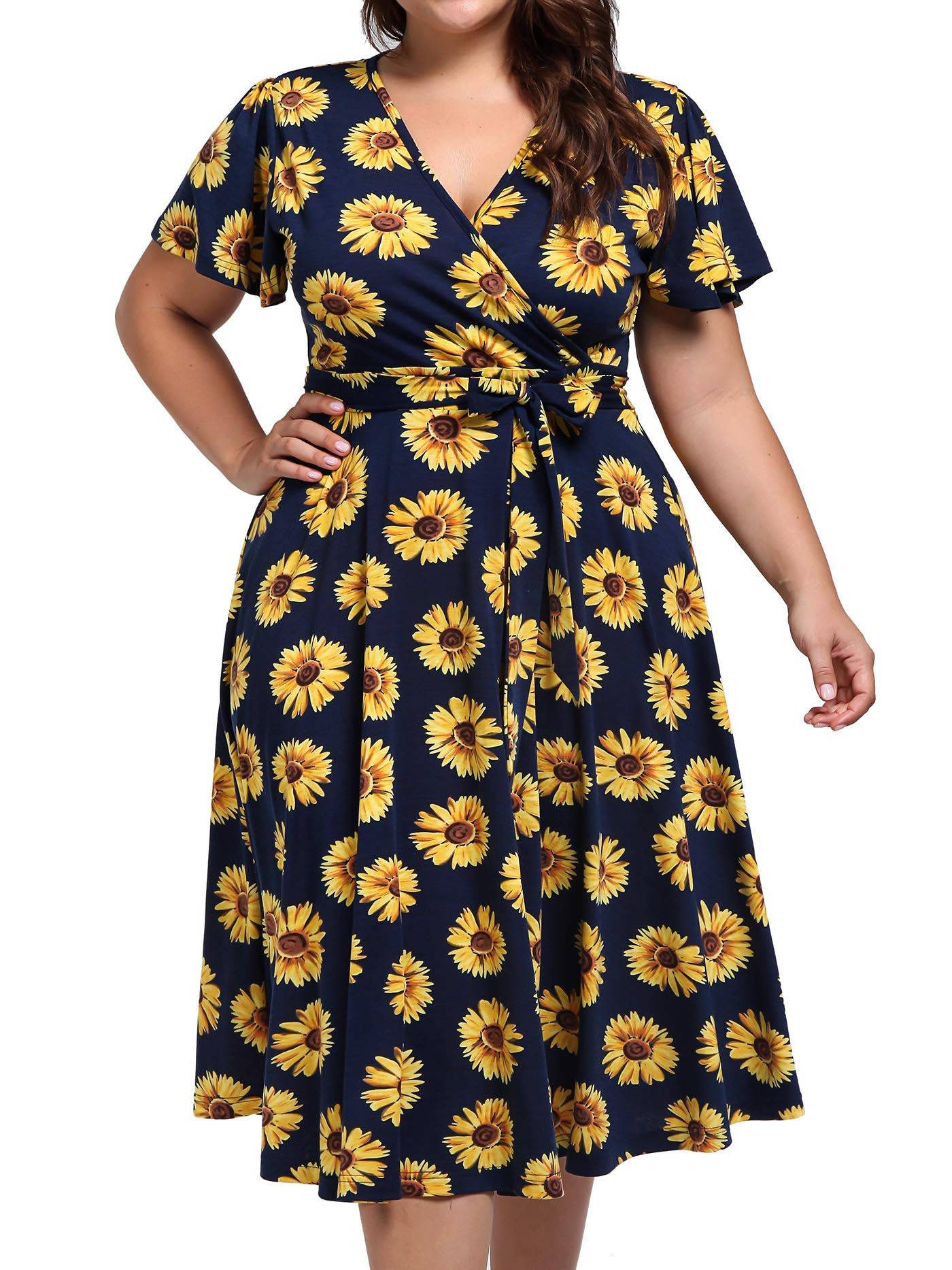 Plus Size Womens V Neck Floral Party Midi Dresses