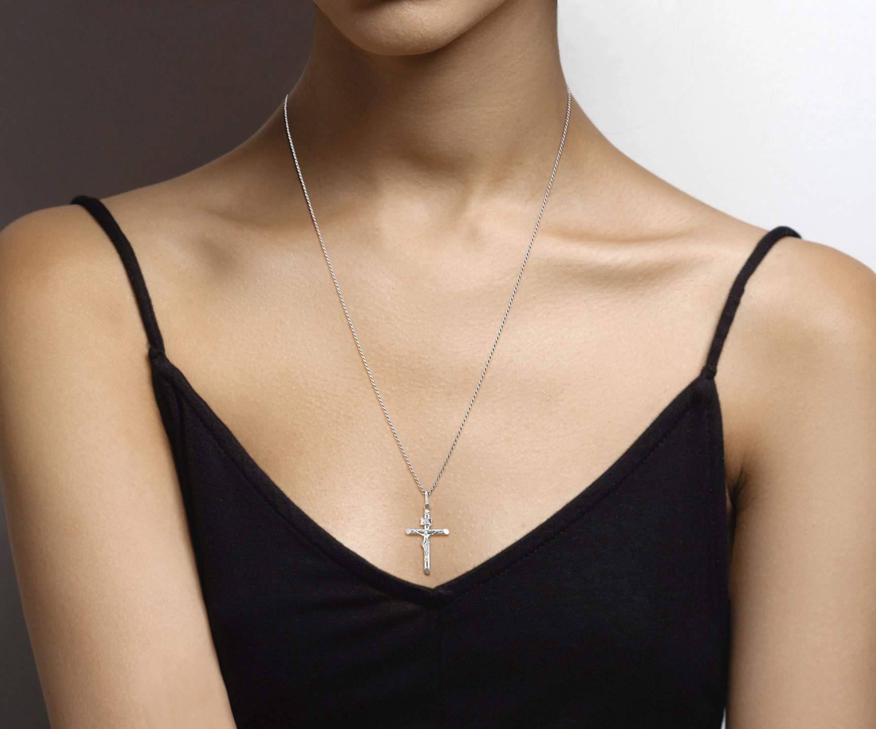 Plated 925 Sterling Silver Small or Large Crucifix Necklace for Men Women, Cross Pendant with Rope Chain