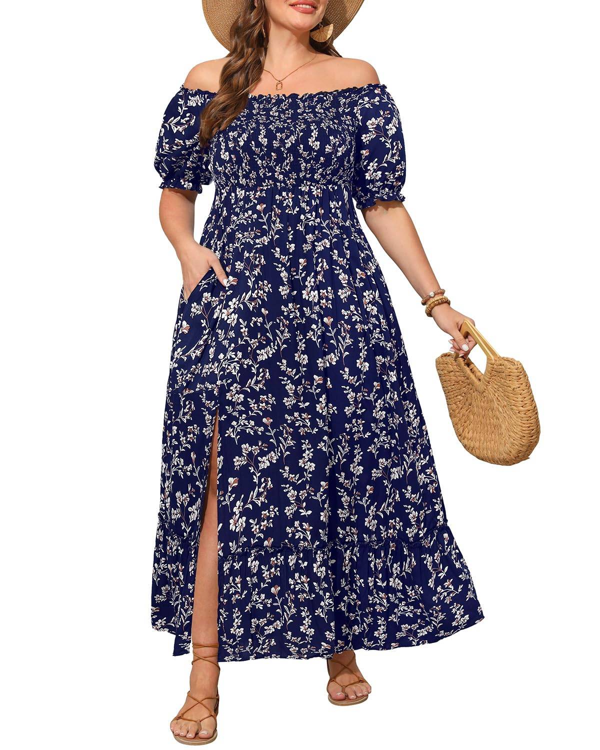 Women Plus Size Maxi Boho Sundress with Pocket