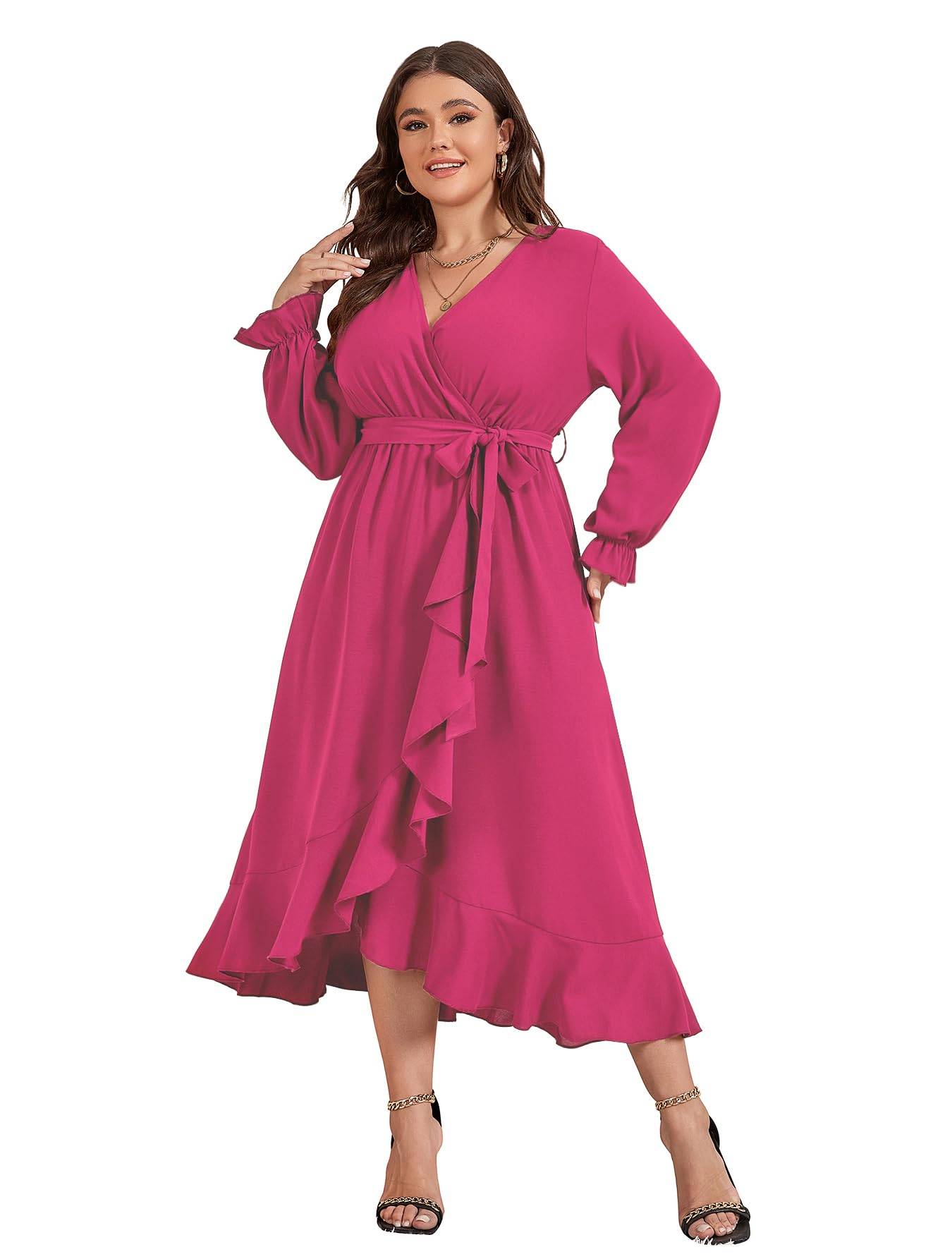 Women Plus Size Maxi Dress Wrap V Neck Dress