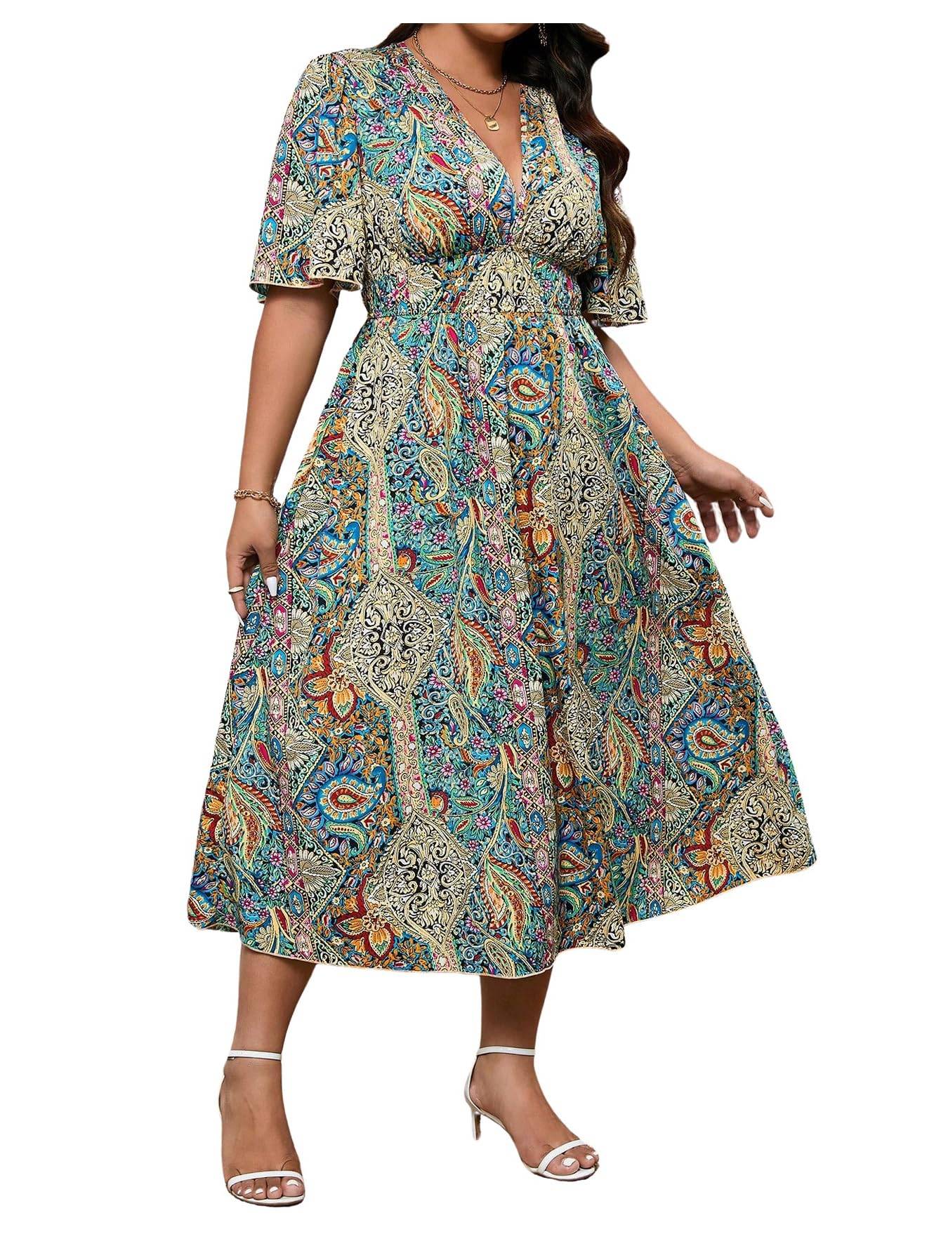 Women's Plus Size Boho Floral V Neck A Line Dress