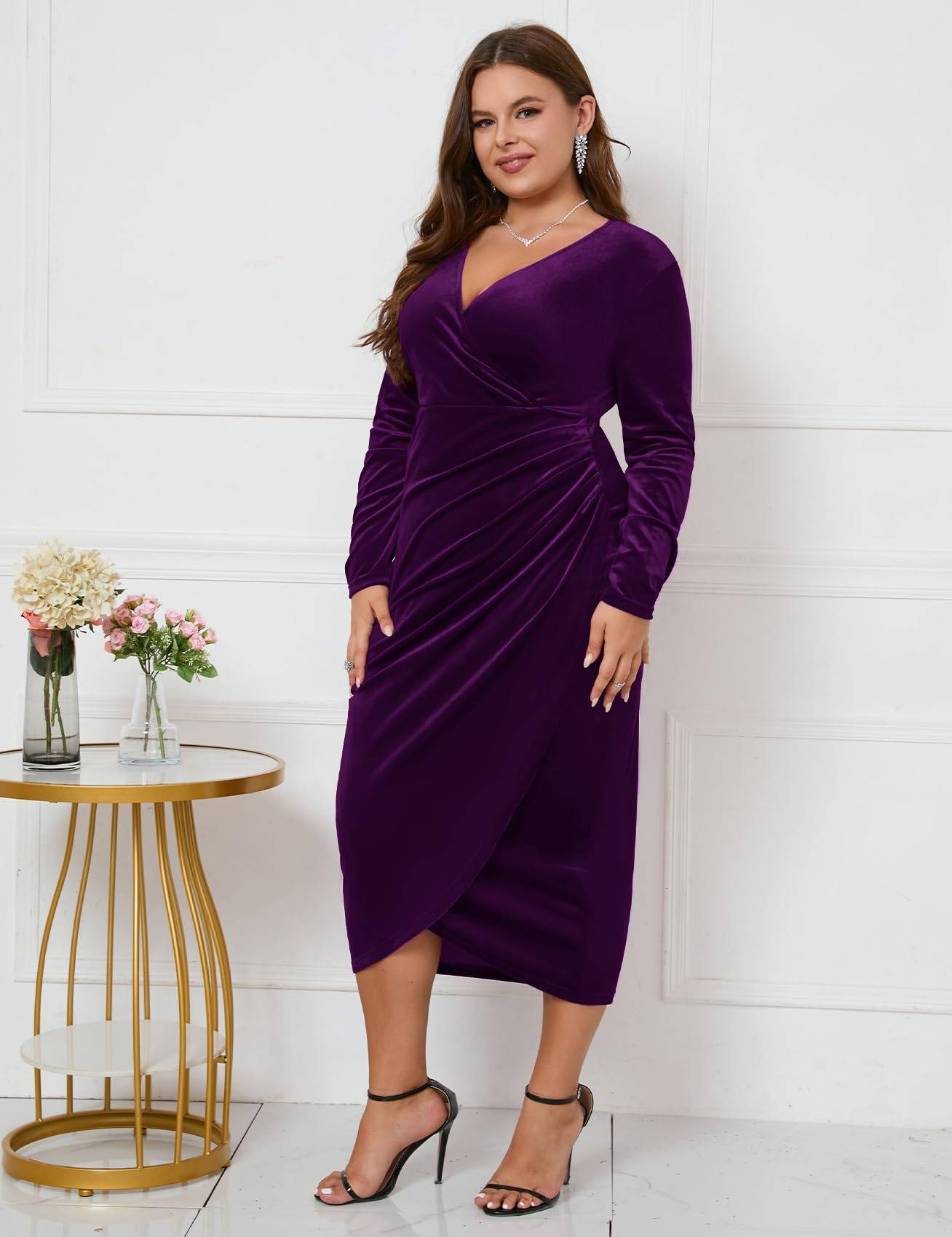 Plus Size Wrap Long Sleeves Ruffle Party Dress