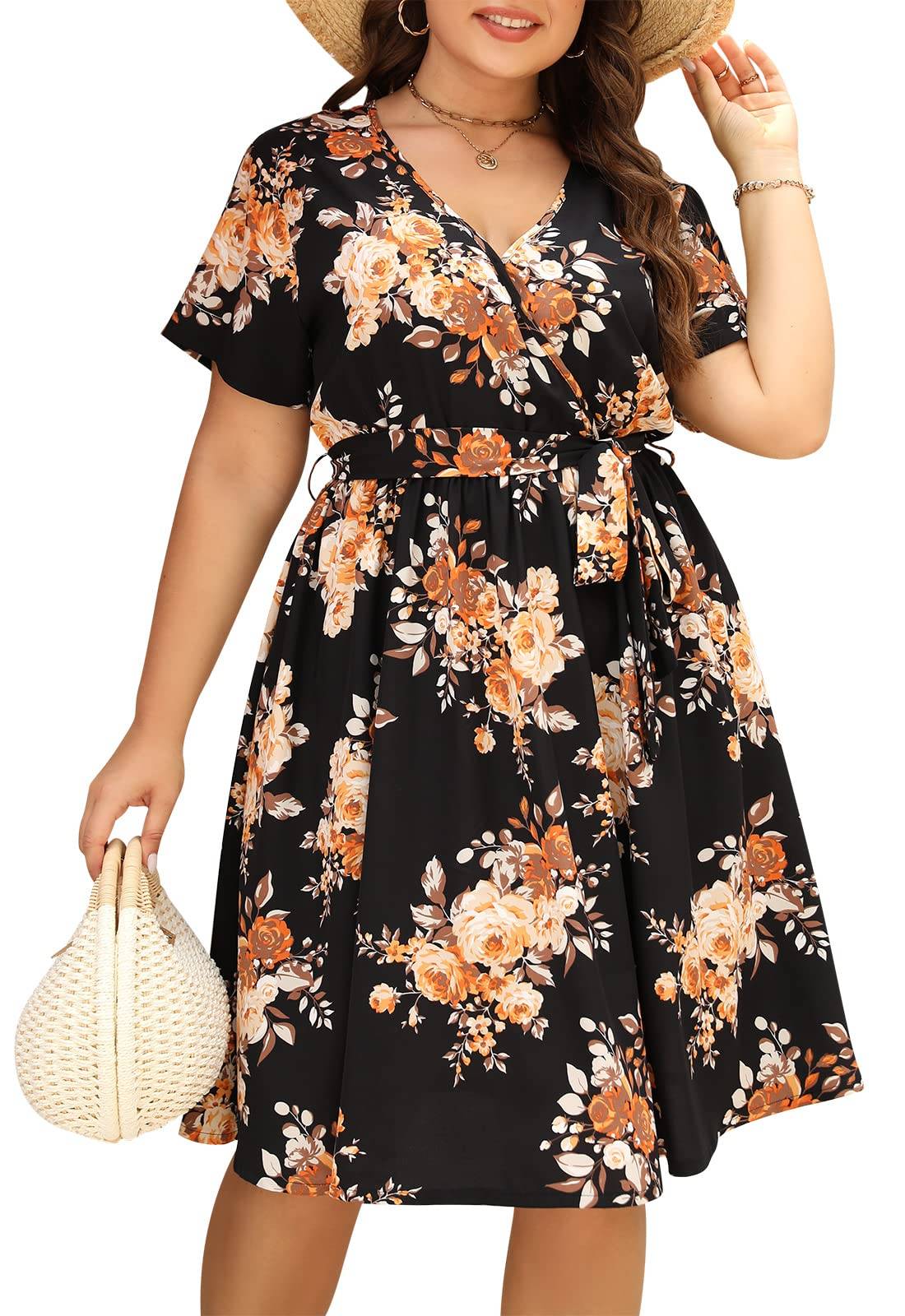 Womens Plus Size Boho Wrap Dress Floral Print