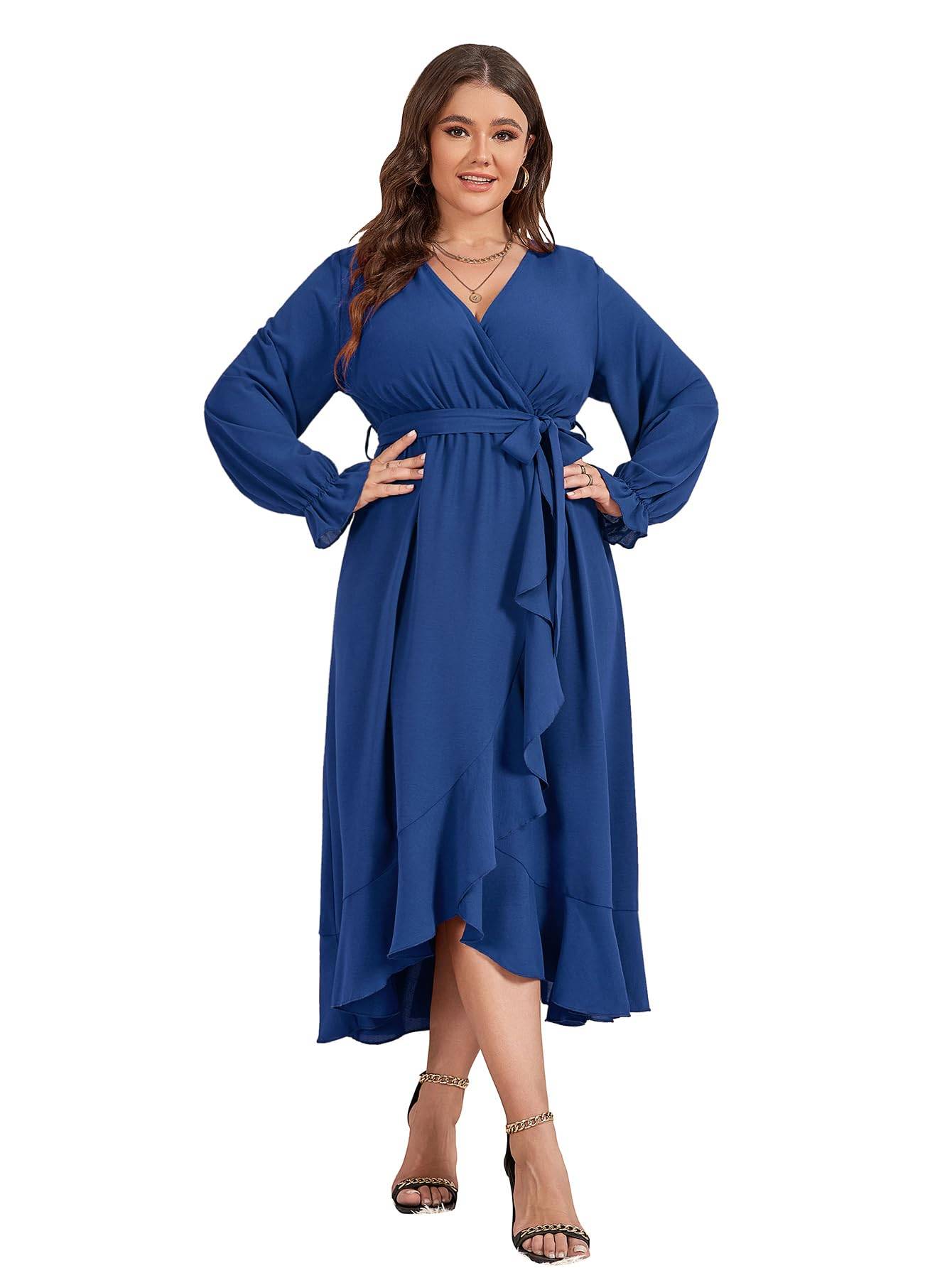 Women Plus Size Maxi Dress Wrap V Neck Dress