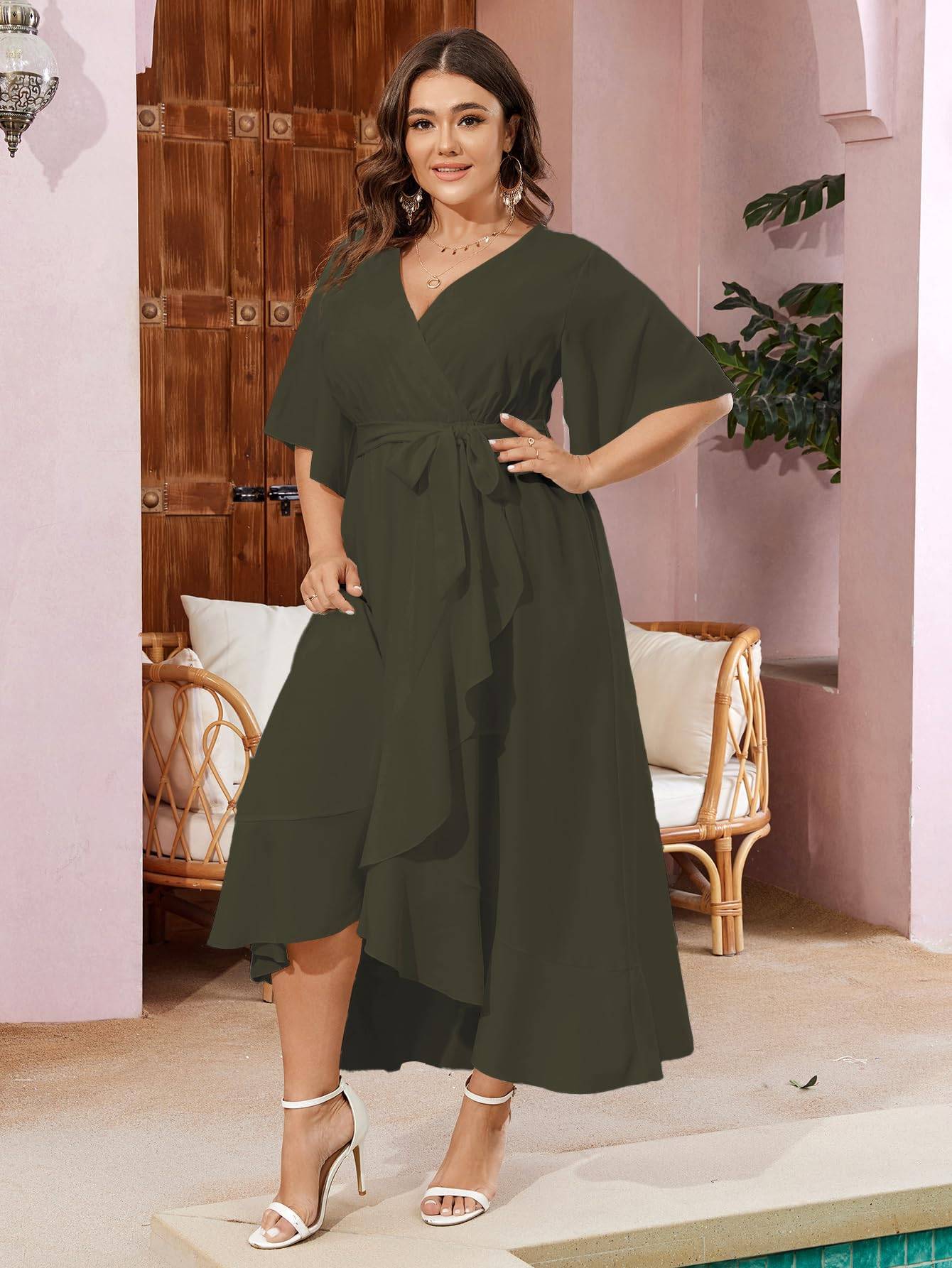 Women Plus Size Short Sleeve Wrap V Neck Dress