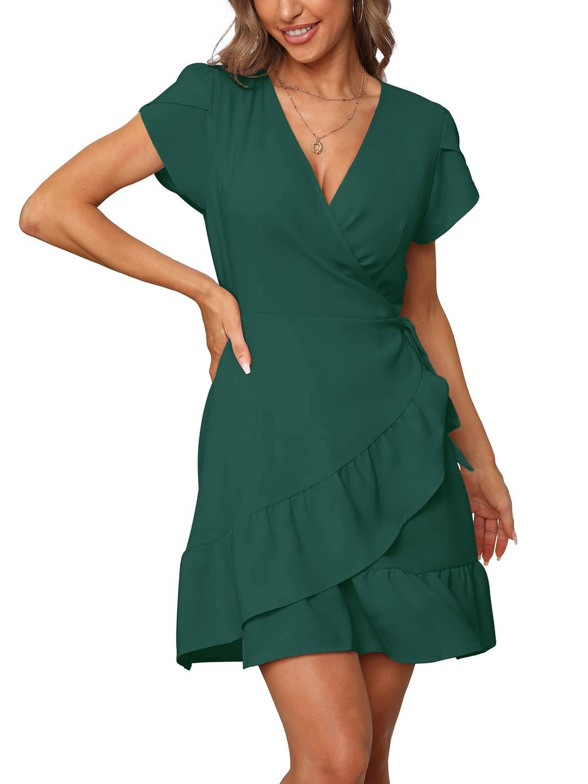 Summer V Neck Wrap Short Dress with Belt for Women