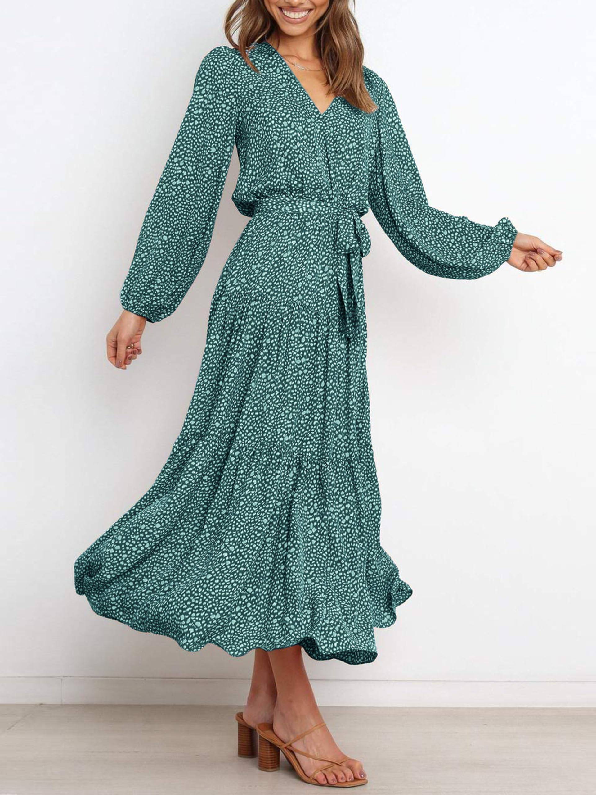 Womens Long Sleeve V Neck Floral Maxi Dress Boho