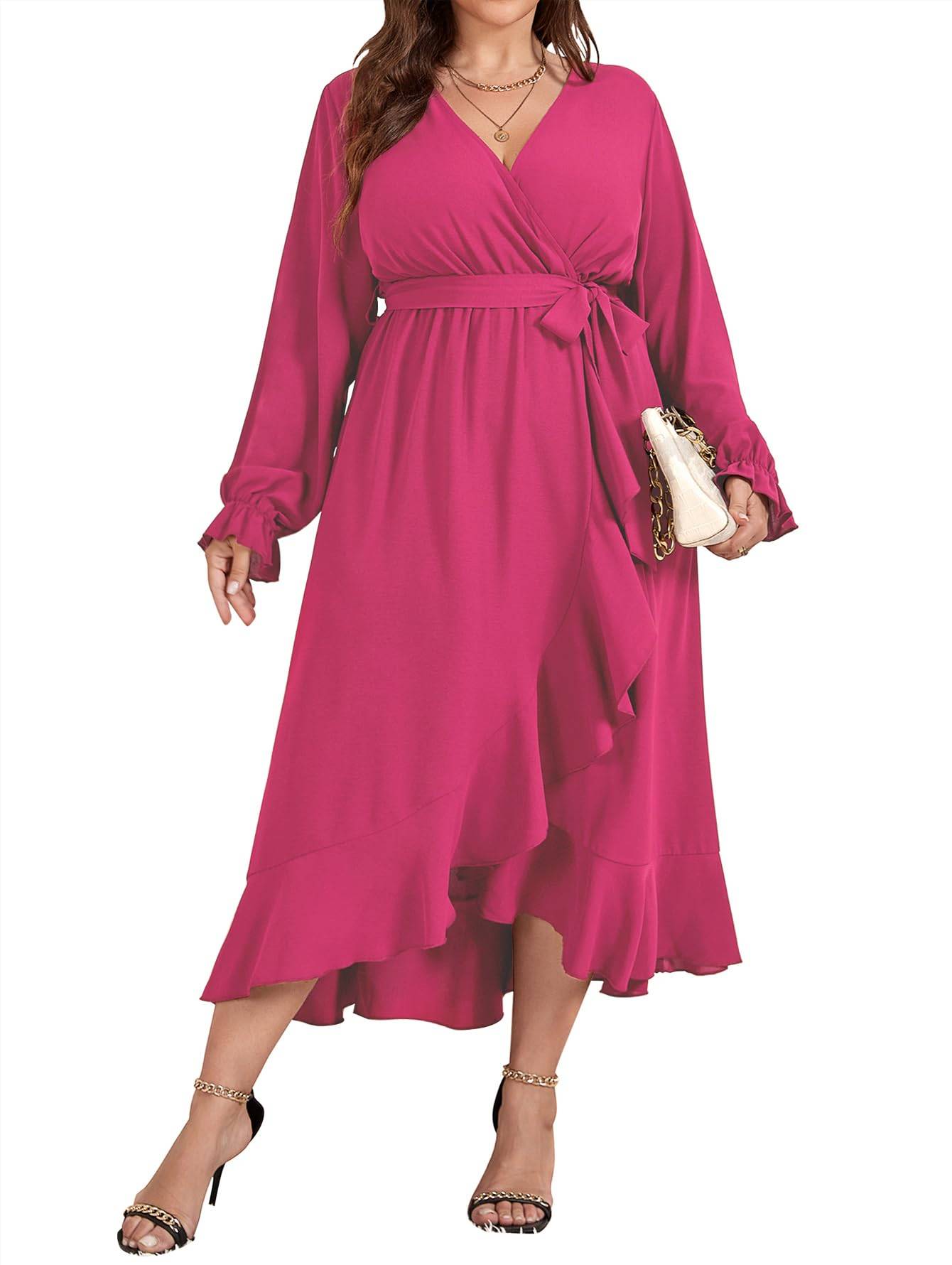 Women Plus Size Maxi Dress Wrap V Neck Dress