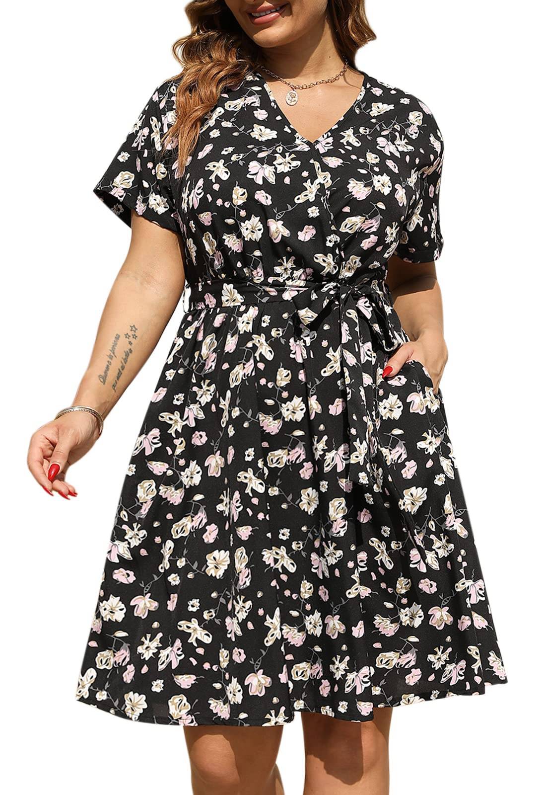 Womens Plus Size Boho Wrap Dress Floral Print