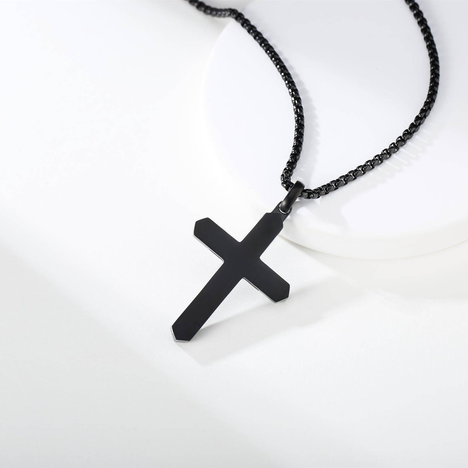 Wooden Cross Necklace for Men, Black Stainless Steel Christian Wood Crucifix Pendant for Boys, Free Necklace 24" Box Chain