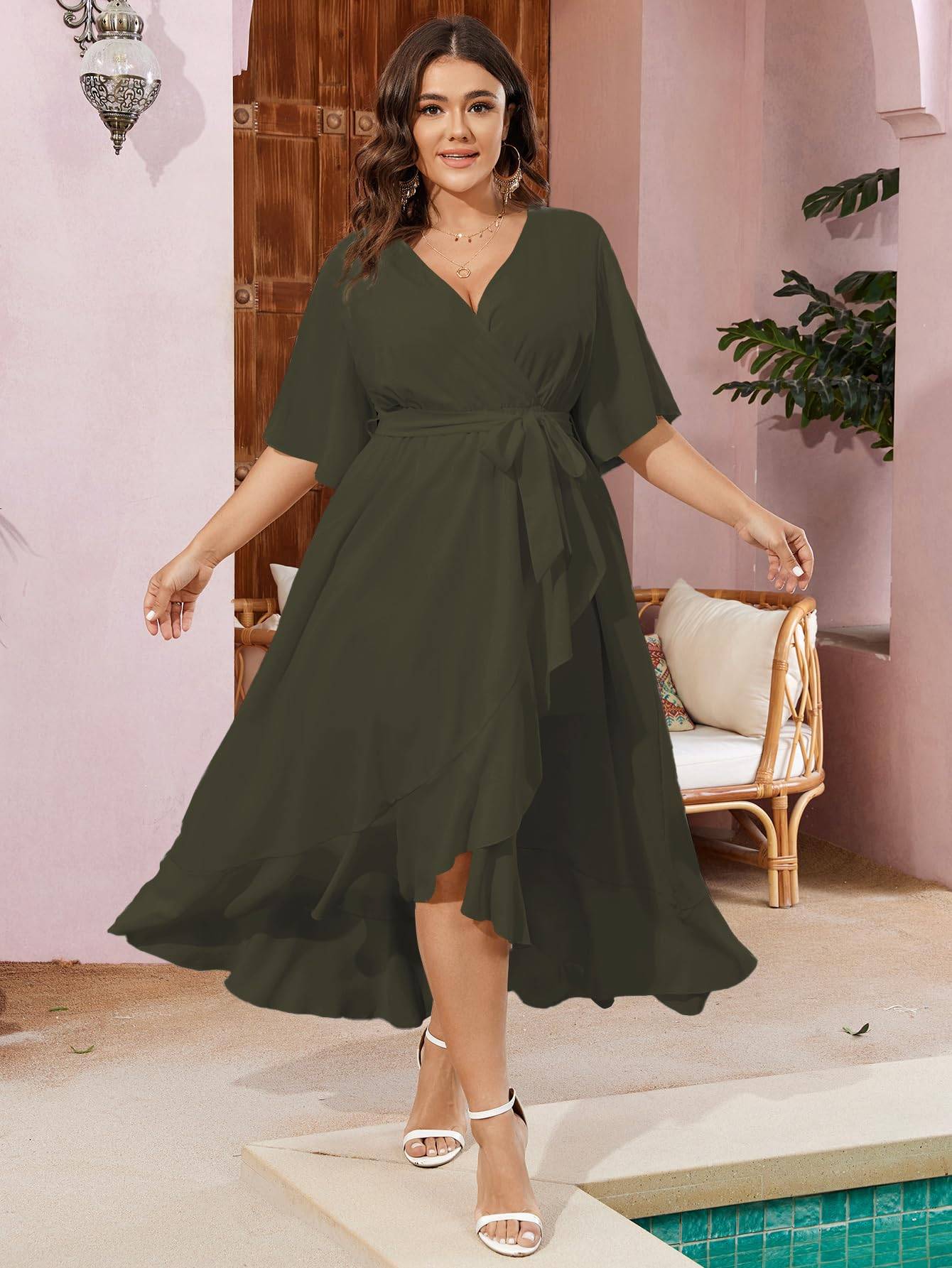 Women Plus Size Short Sleeve Wrap V Neck Dress