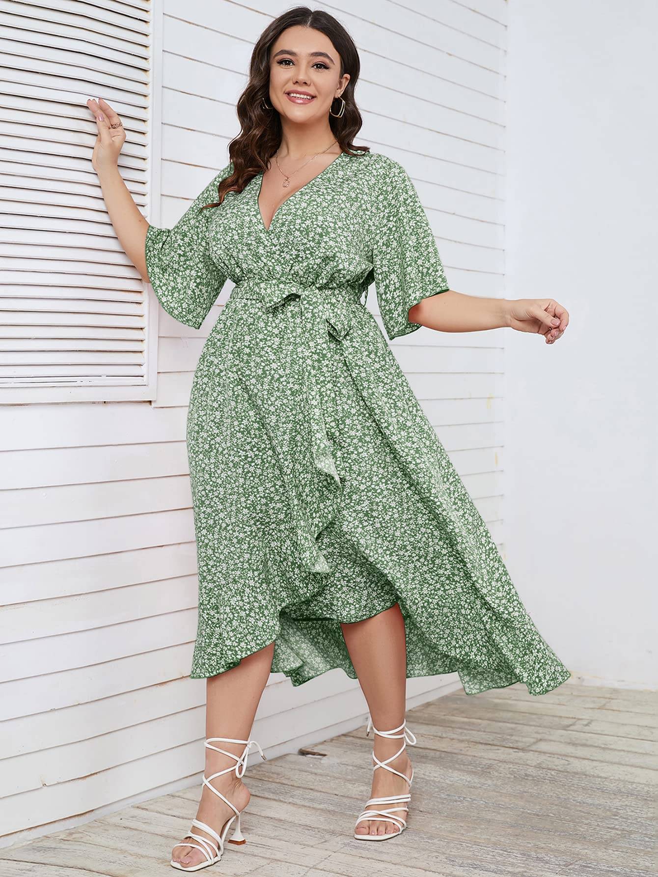 Women Plus Size Short Sleeve Wrap V Neck Dress