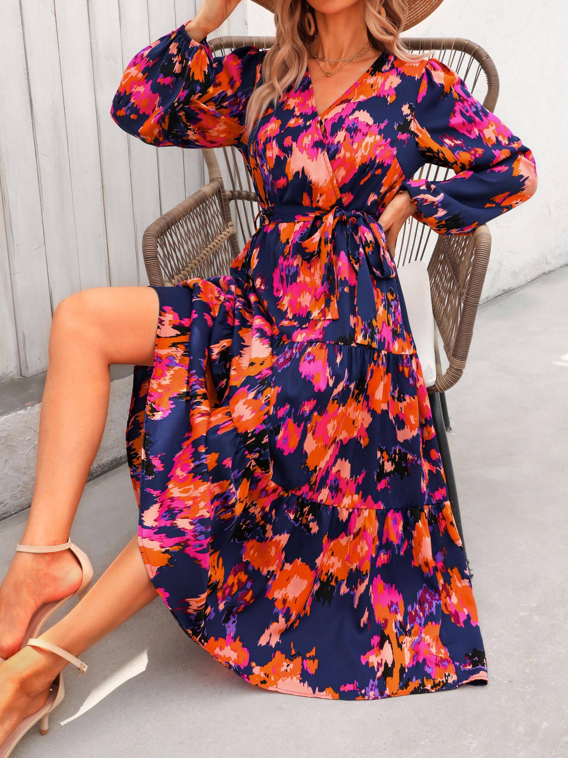 Womens Long Sleeve V Neck Floral Maxi Dress Boho