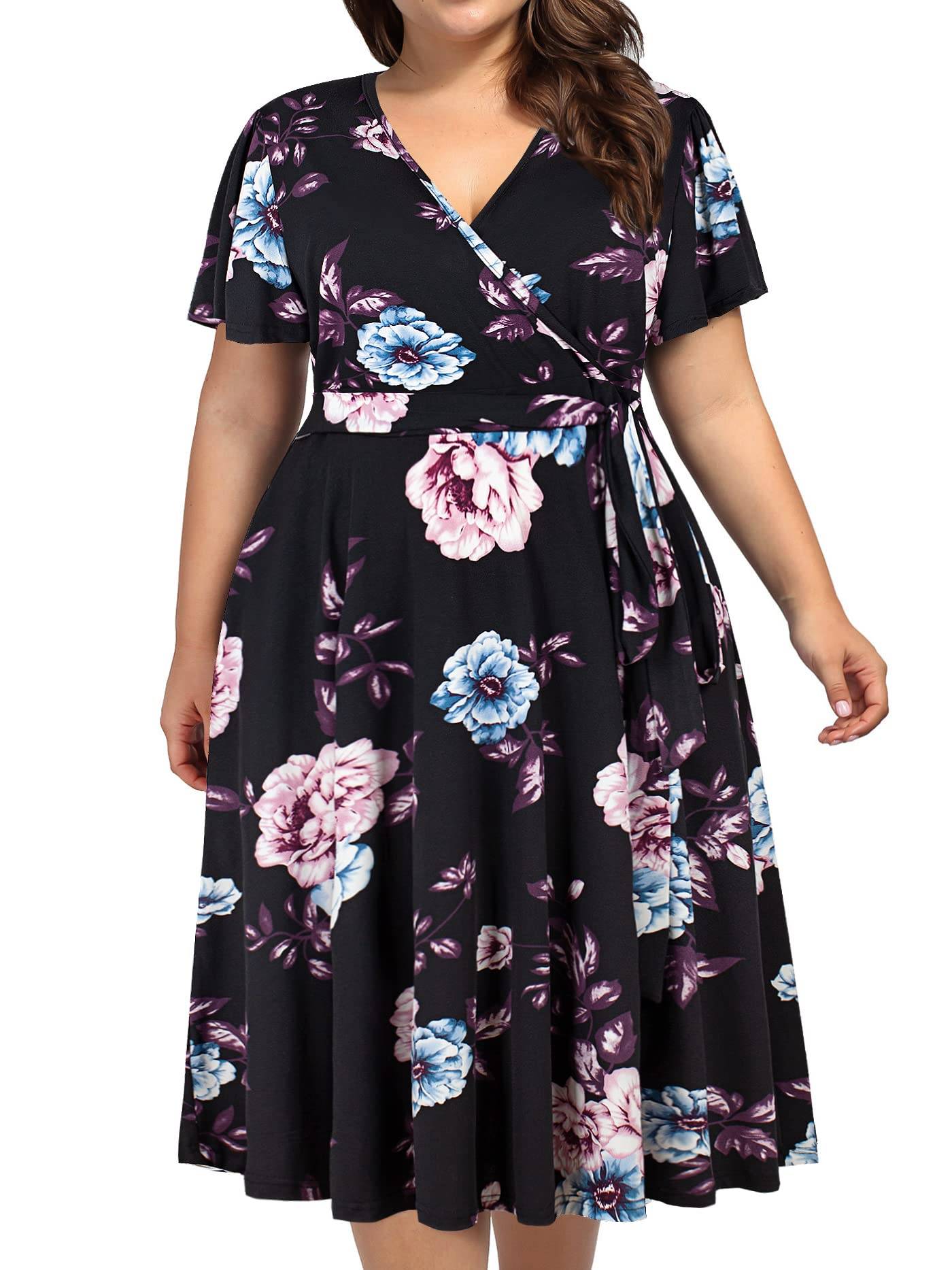 Plus Size Womens V Neck Floral Party Midi Dresses