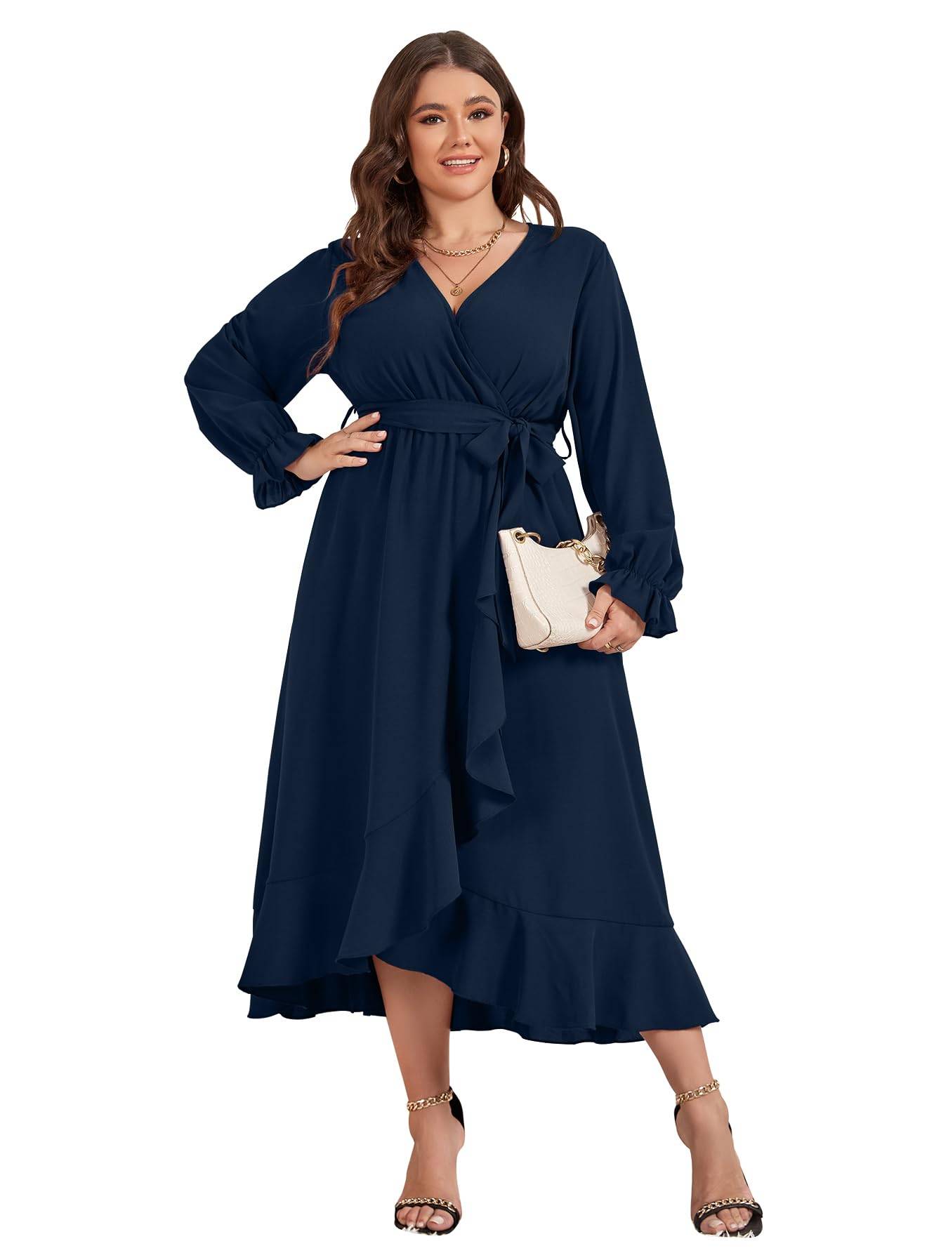 Women Plus Size Maxi Dress Wrap V Neck Dress