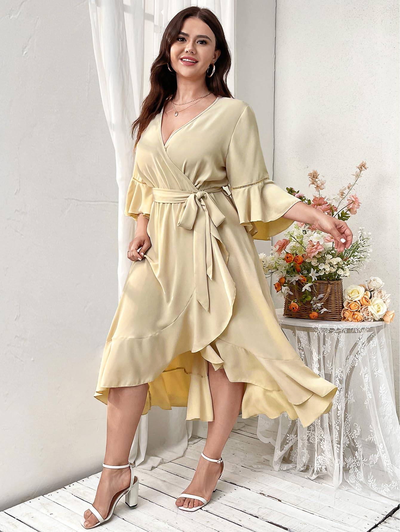 Women Plus Size Maxi Dress Wrap V Neck Dress