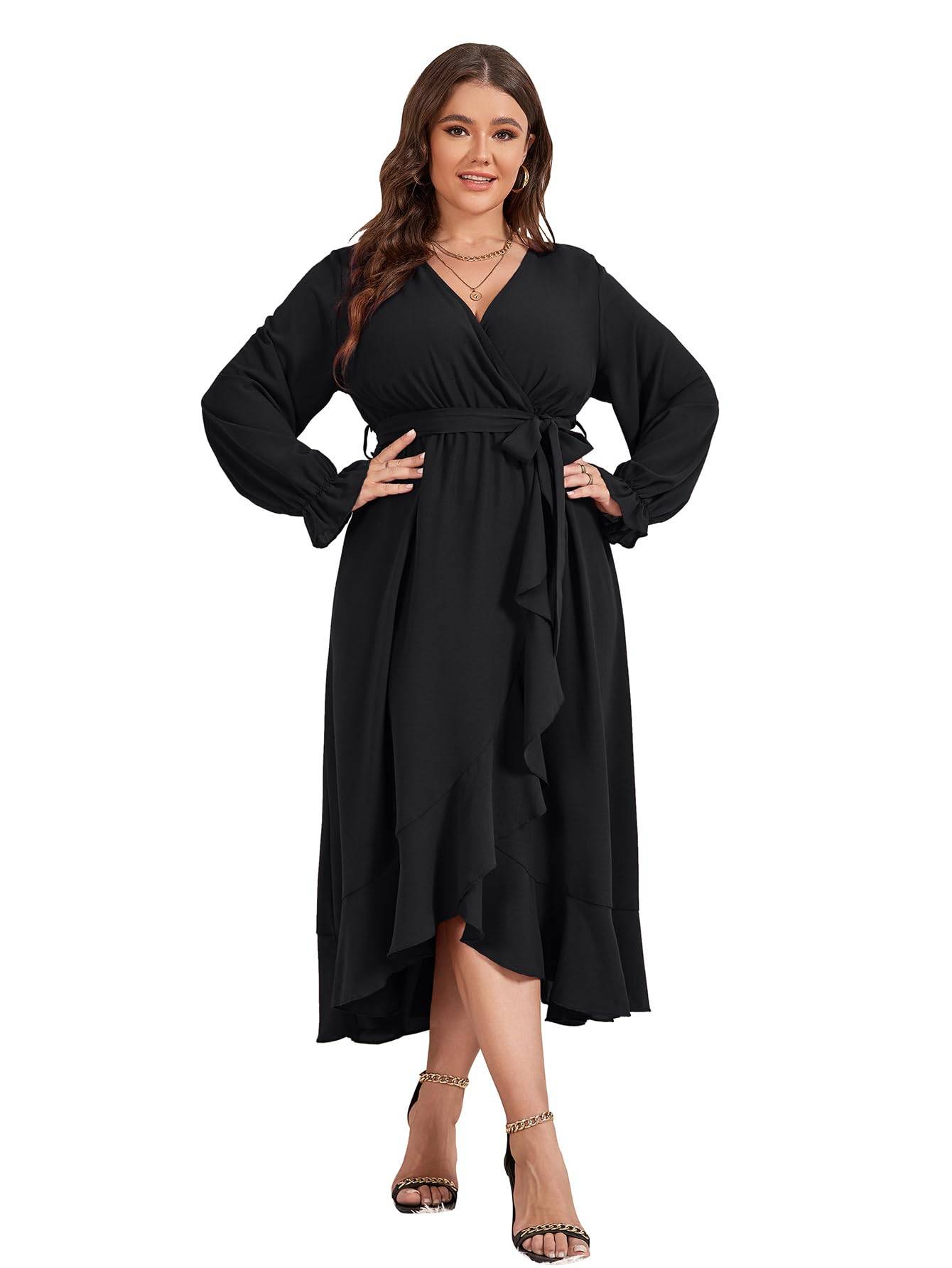 Women Plus Size Maxi Dress Wrap V Neck Dress