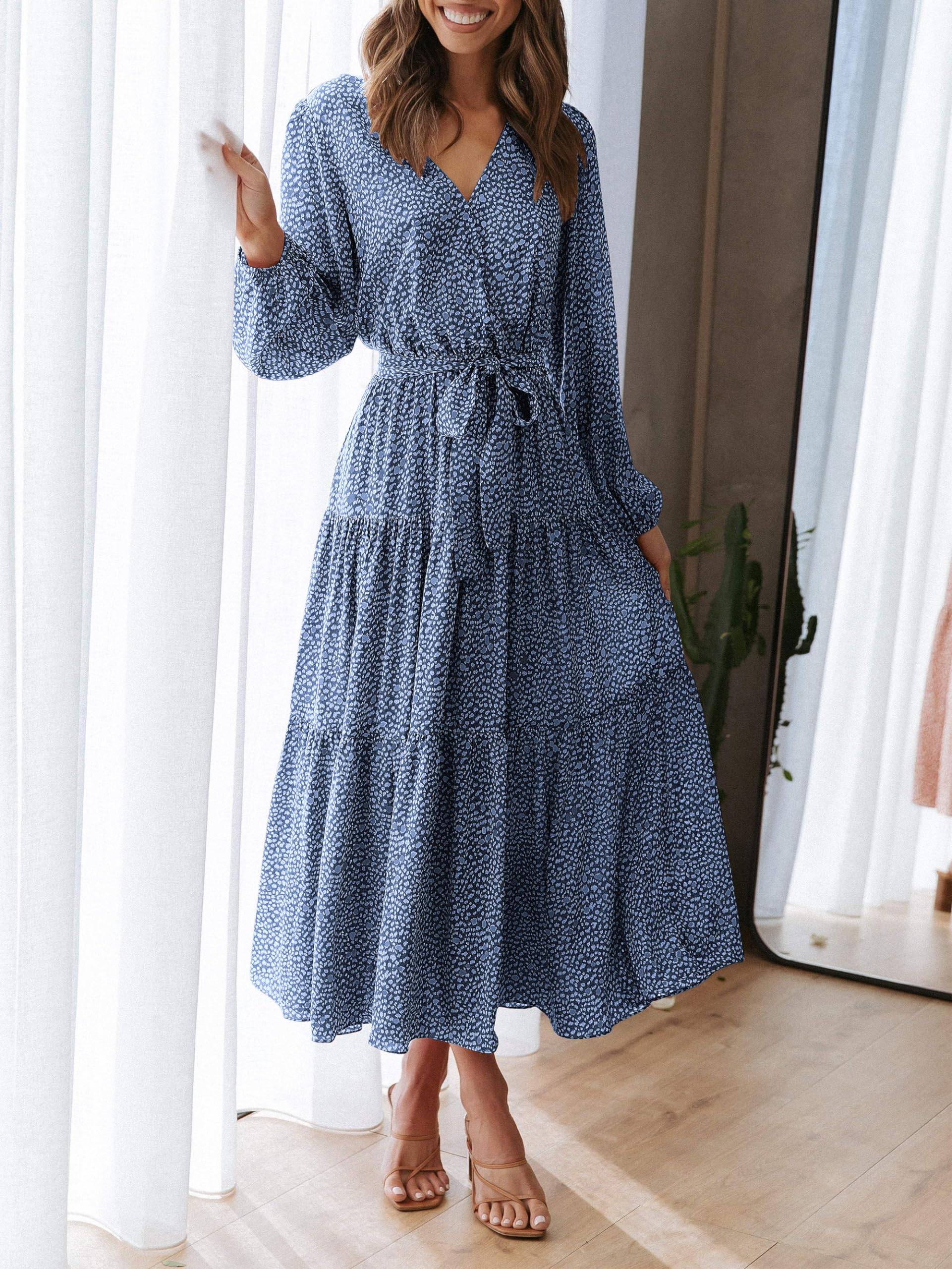 Womens Long Sleeve V Neck Floral Maxi Dress Boho