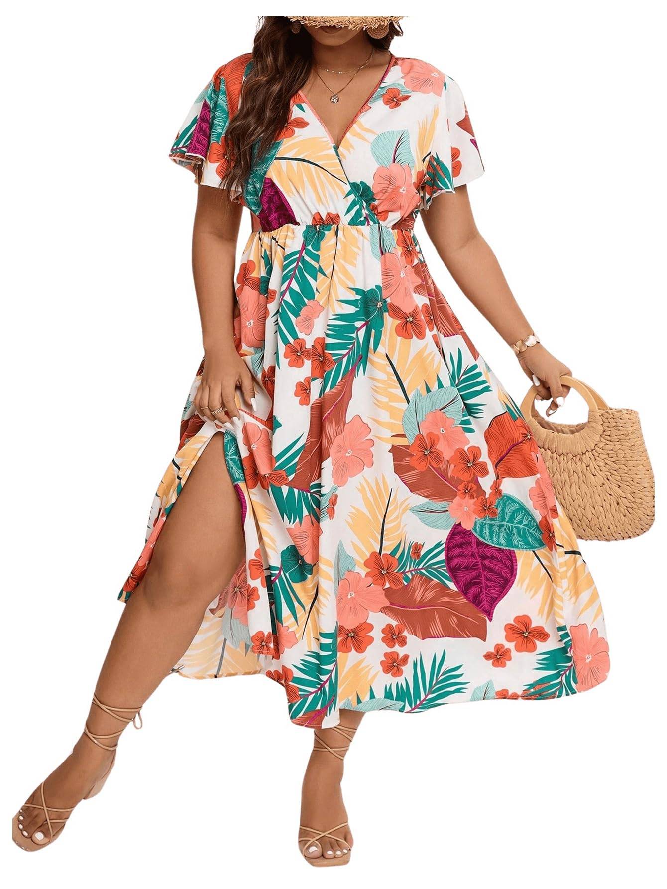 Women's Plus Size Boho Floral V Neck A Line Dress