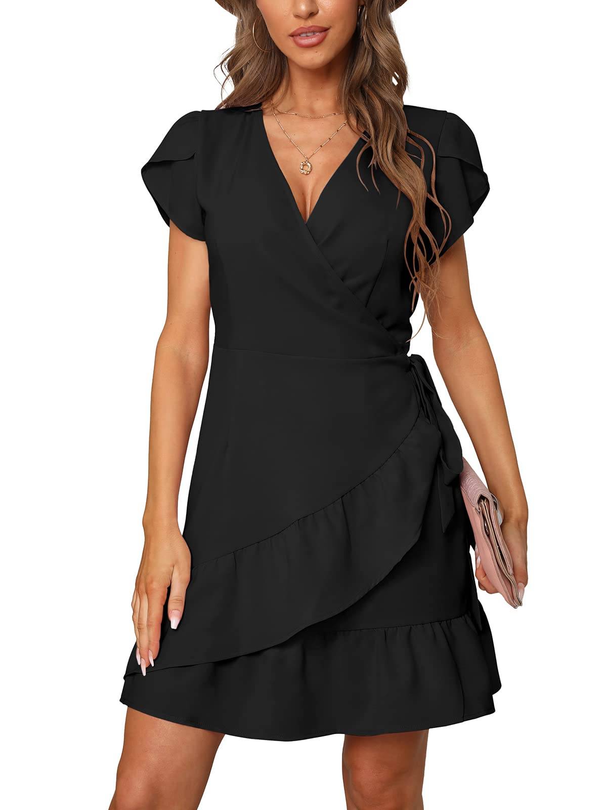 Summer V Neck Wrap Short Dress with Belt for Women