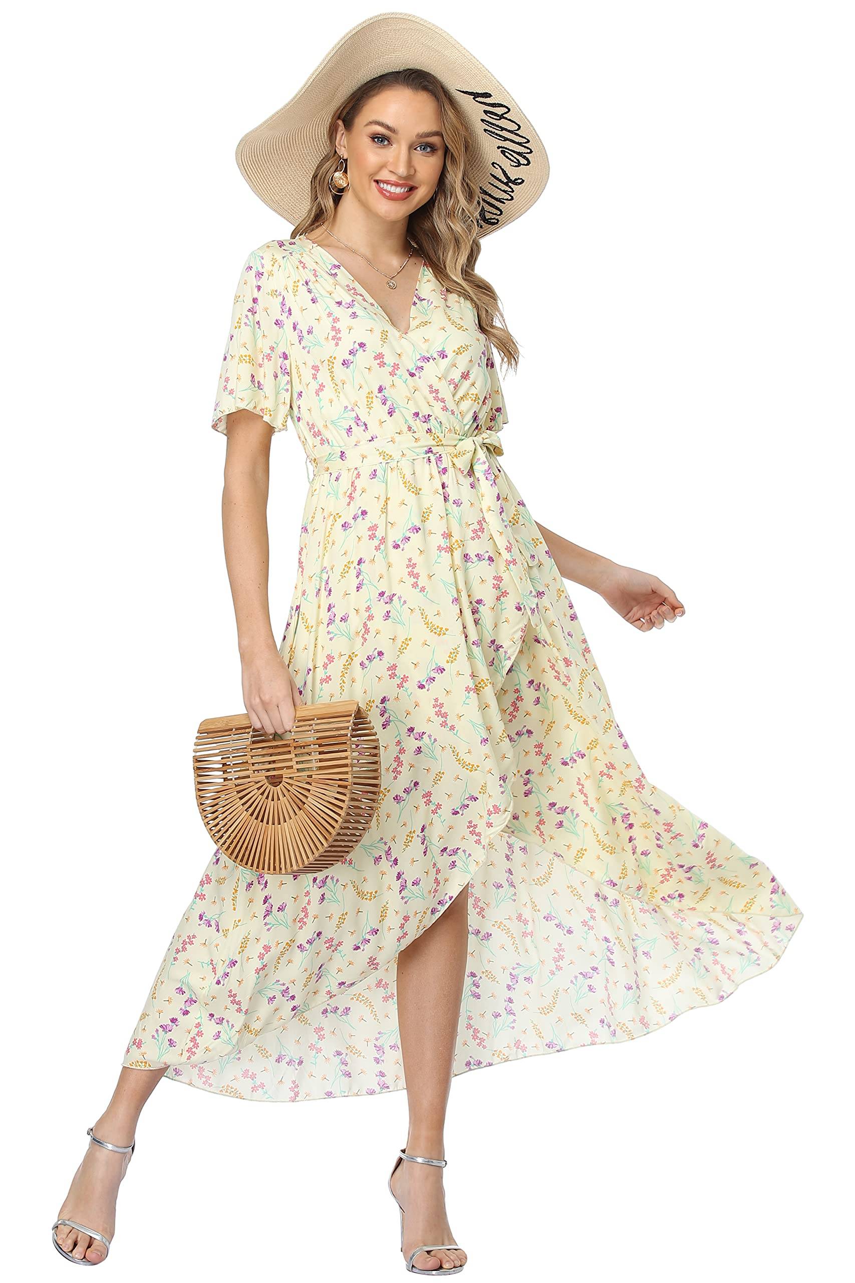 Women's Wrap V Neck Floral Summer Dresses Maxi