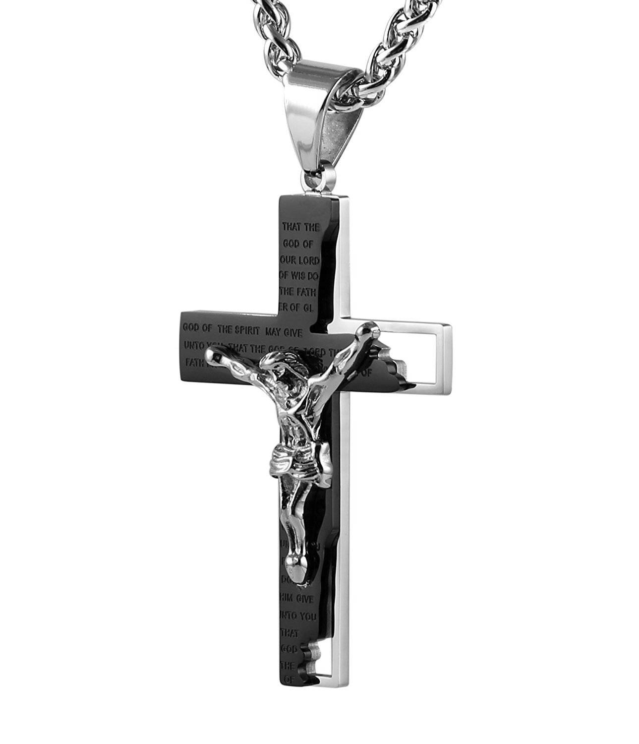 Men's Stainless Steel Cross Crucifix Bible Prayer Pendant Necklace 22+2" Chain