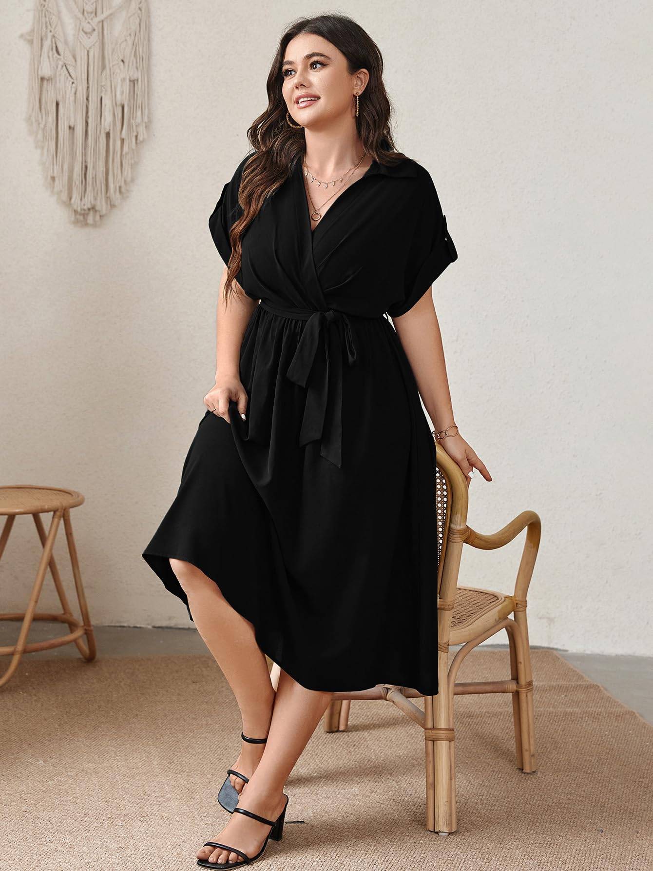 Womens Plus Size Midi Dress A line Wrap Tie Dress