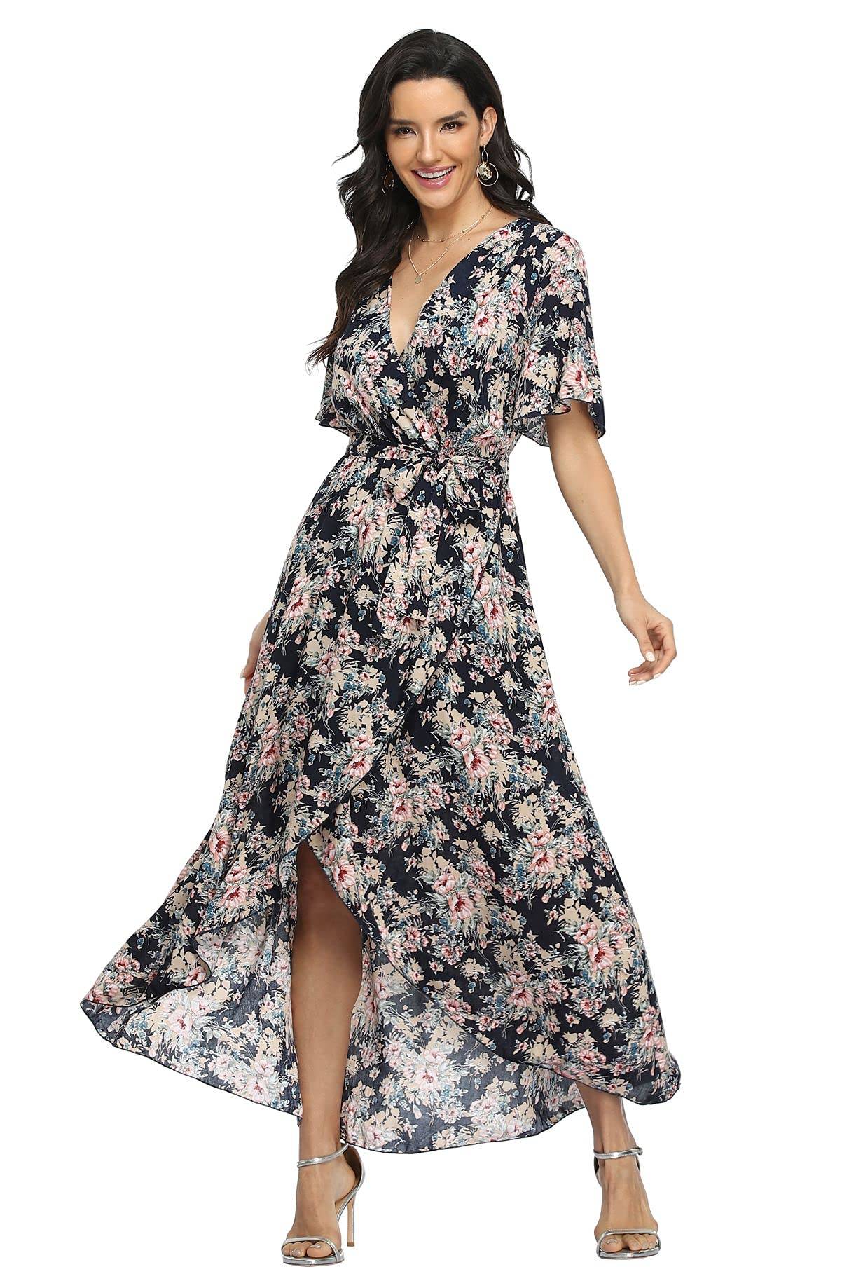 Women's Wrap V Neck Floral Summer Dresses Maxi