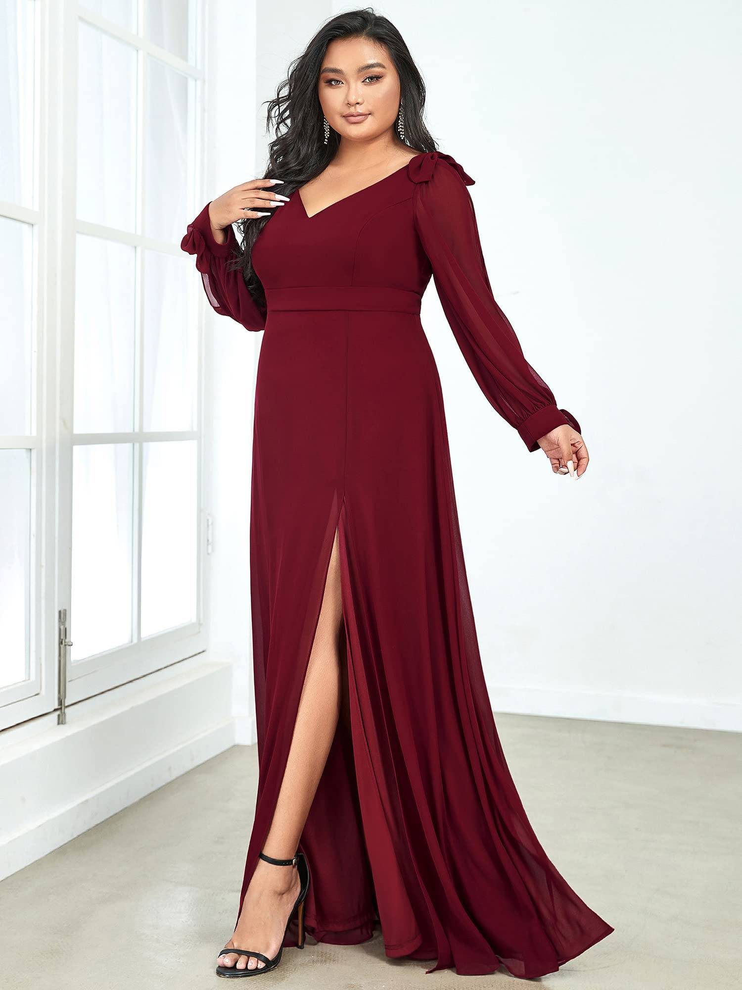 Plus Size Chiffon Long Sleeve Formal Dress