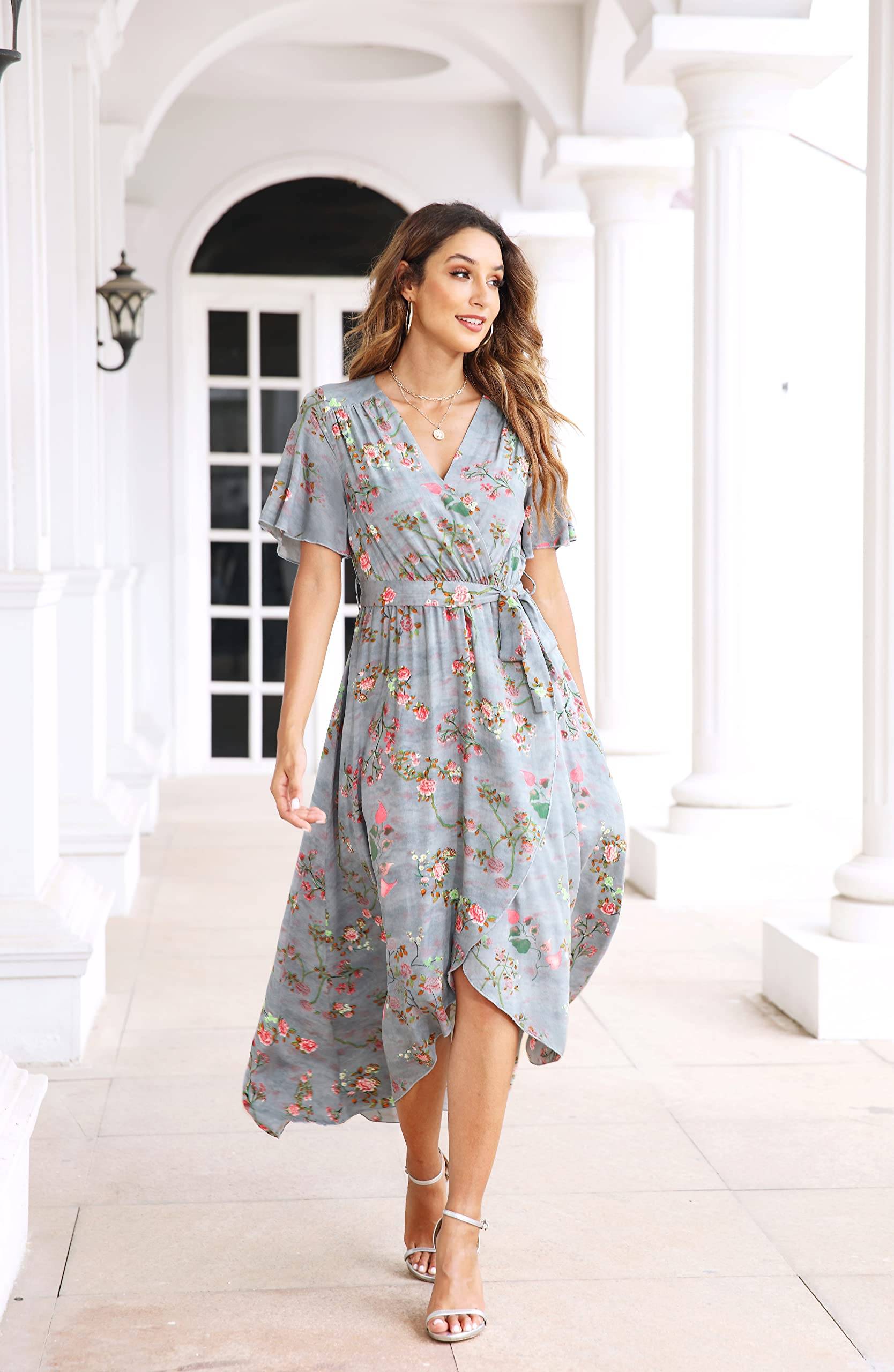 Women's Wrap V Neck Floral Summer Dresses Maxi